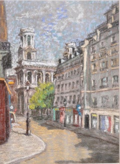 L'Eglise St. Sulpice à Paris, ancienne peinture impressionniste française à la gouache de 1900