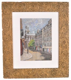 L
Eglise St. Sulpice a Paris, Antique French Impressionist Gouache Painting 1900