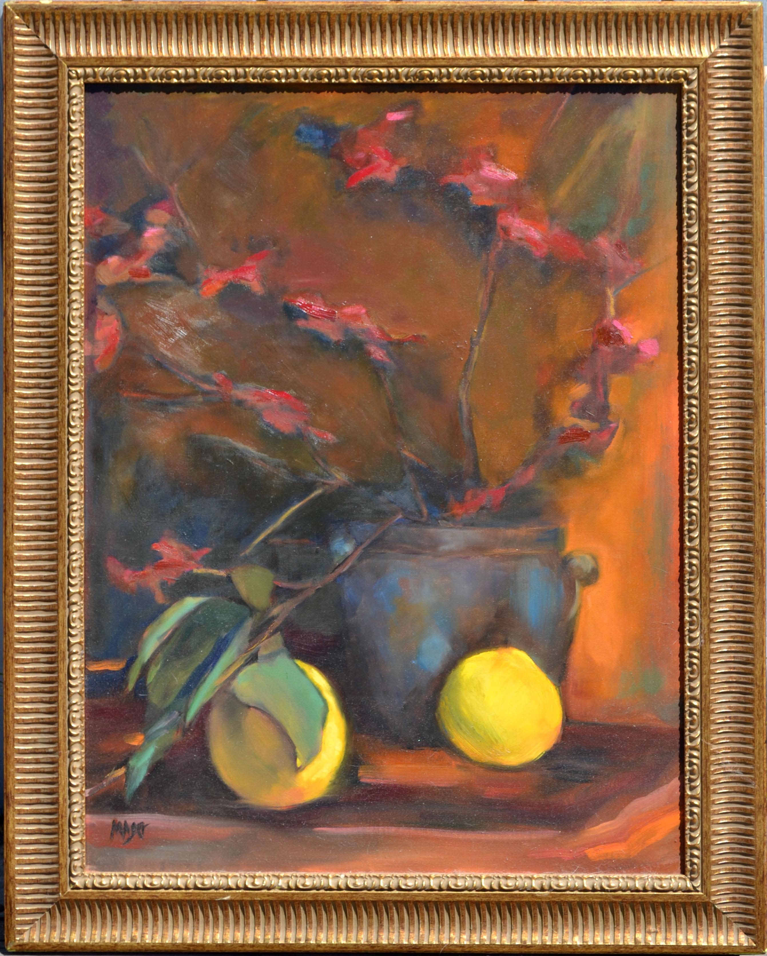 Beautiful oil painting still life of two lemons sitting on a table in front of a red orchid by Maier (American). Signed "Maier" lower left. Giltwood frame. Image: 18"L x 24"H. 

