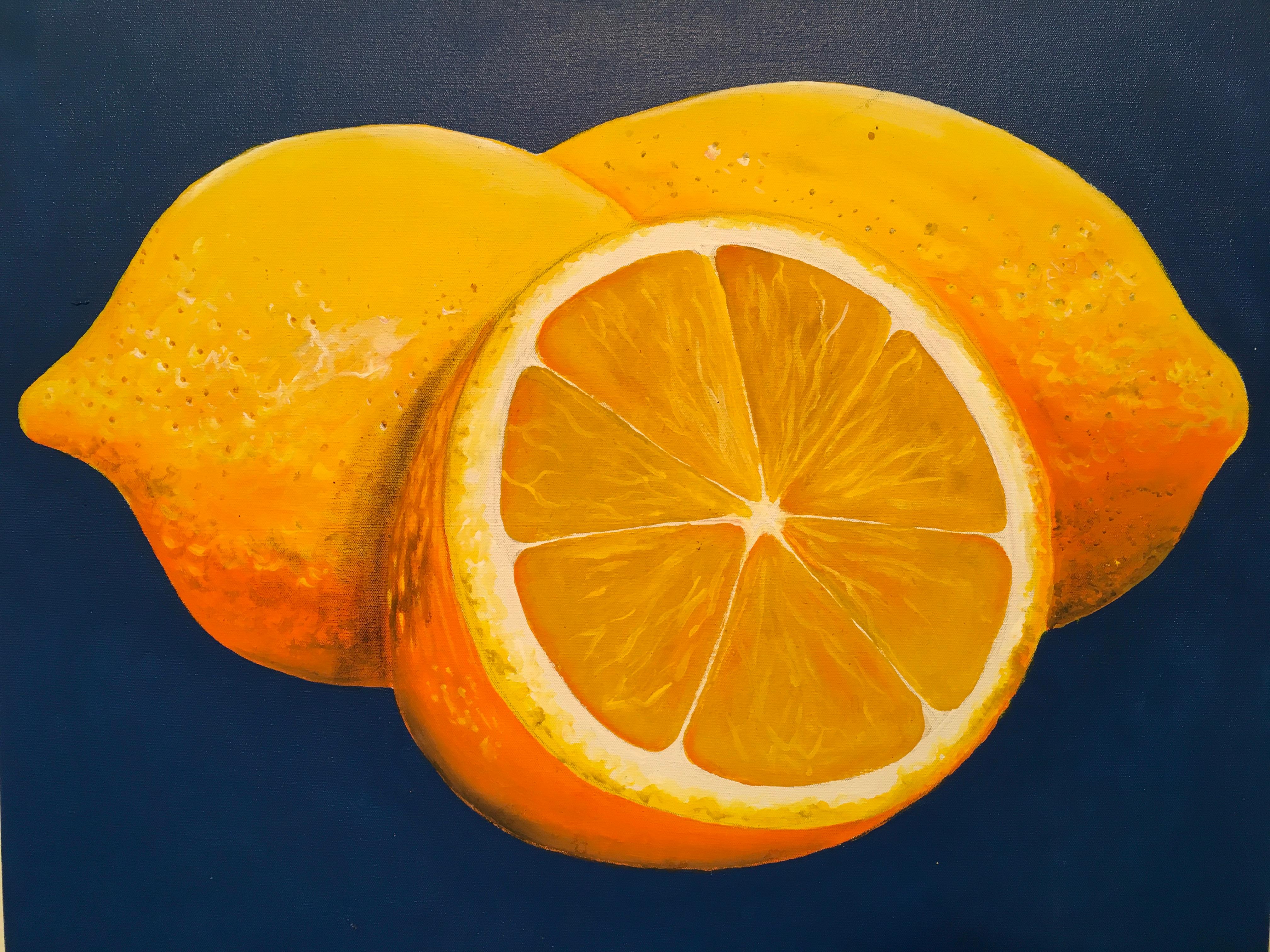 Natura morta di limoni, di un artista pop colombiano sconosciuto, pittura a olio su tavola - Still-Life Painting Beige di Unknown