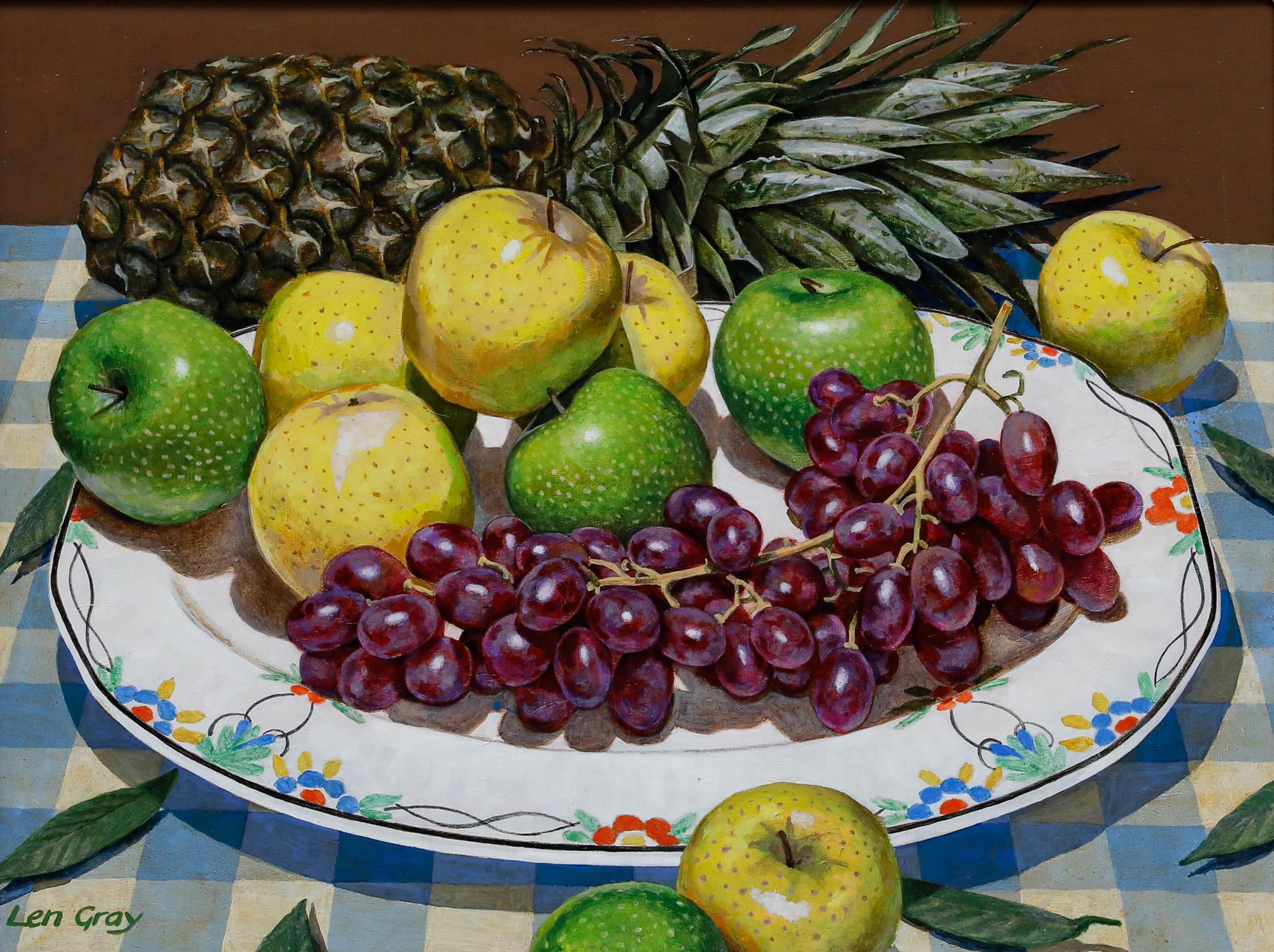 Len Gray - 1998 Oil, Apples, Grapes and Pineapple - Painting by Unknown