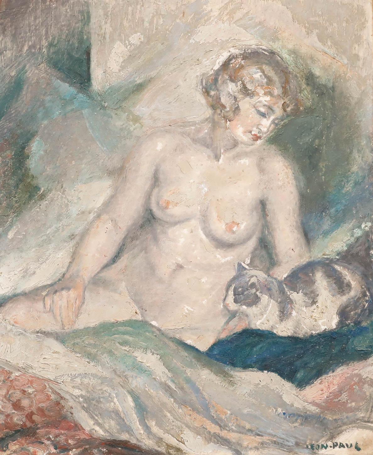 Leon Eugene Paul (1889-1953) - Début du 20e siècle Huile, Nu féminin avec un chat - Painting de Unknown