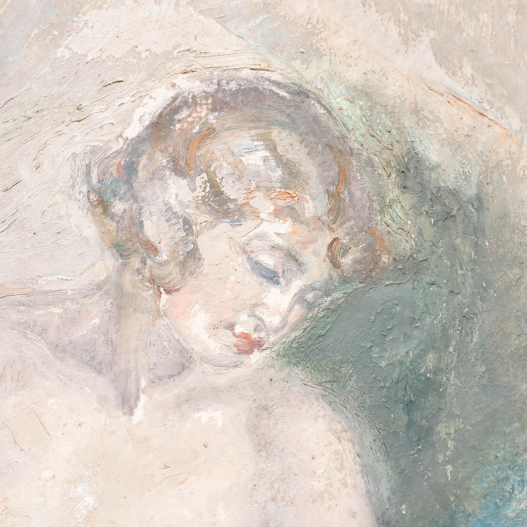 Une femme nue est assise sur un lit et caresse doucement un chat. L'artiste utilise des tons doux et feutrés de vert et de bleu avec des coups de pinceau lâches et impressionnistes. Signé en bas à droite. Présenté dans un cadre blanc doublé de toile