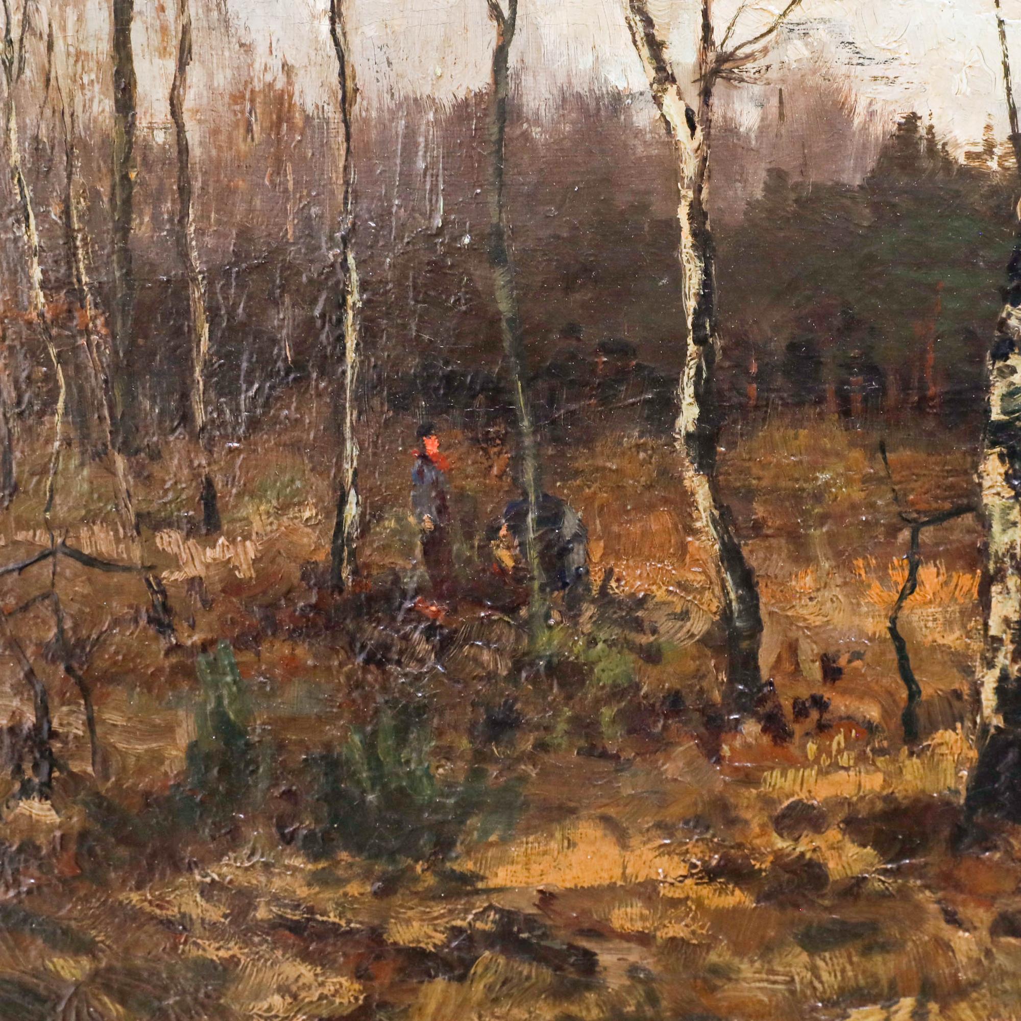 This atmospheric landscape depicts a sparse grove of bare trees set against a moody, overcast sky, rendered in earthy tones of brown, ochre, and muted greens. The composition emphasises the stark beauty of late autumn or winter, with the skeletal