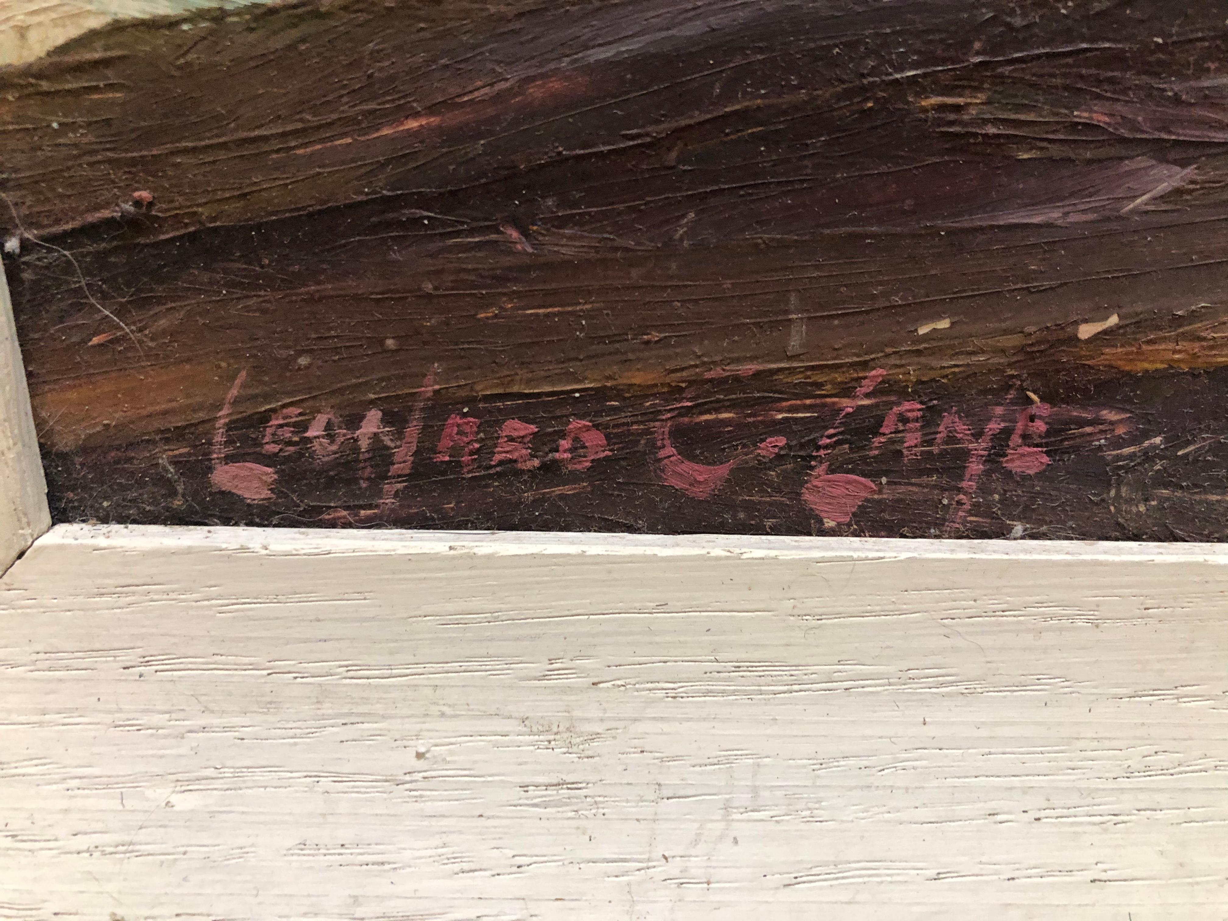 Leonard C. Lane: 1910-1978. Well listed Canadian painter with auction results over $7000. Ocean surf is the subject that he most like to paint. This painting is an oil on masonite measuring 20 inches wide by 16 inches high. The vintage frame