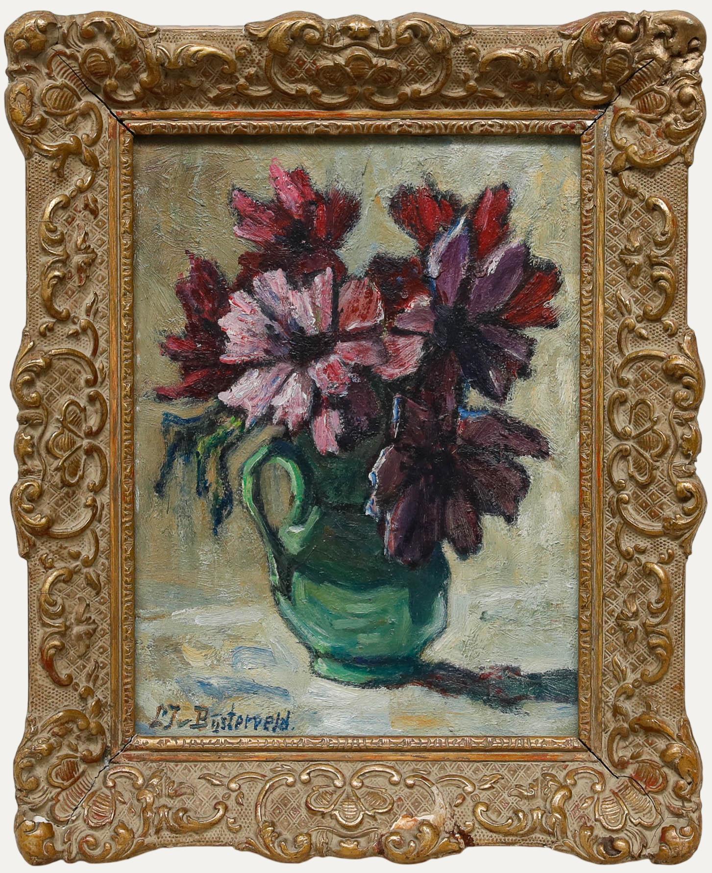 Unknown Still-Life Painting – Leonora Johanna van Bijsterveld (1888-1955) - Gerahmtes Öl, Blumen in einem grünen Krug