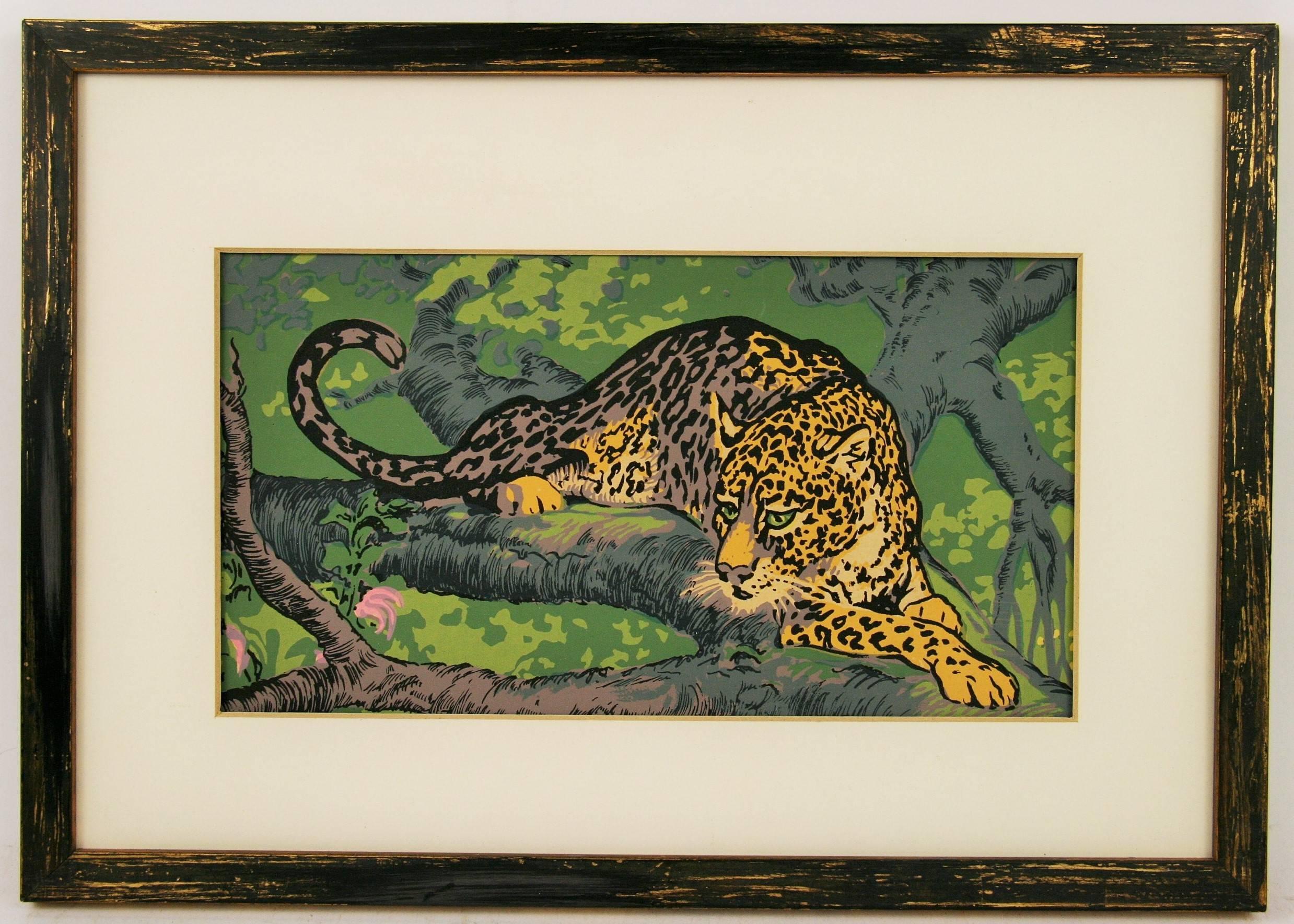 Animal Painting Unknown - Peinture japonaise - Léopard dans le Jungle - Animaux