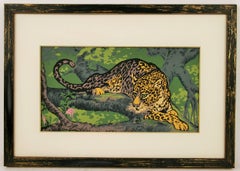 Vintage Japanese Leopard in The Jungle Animal Painting