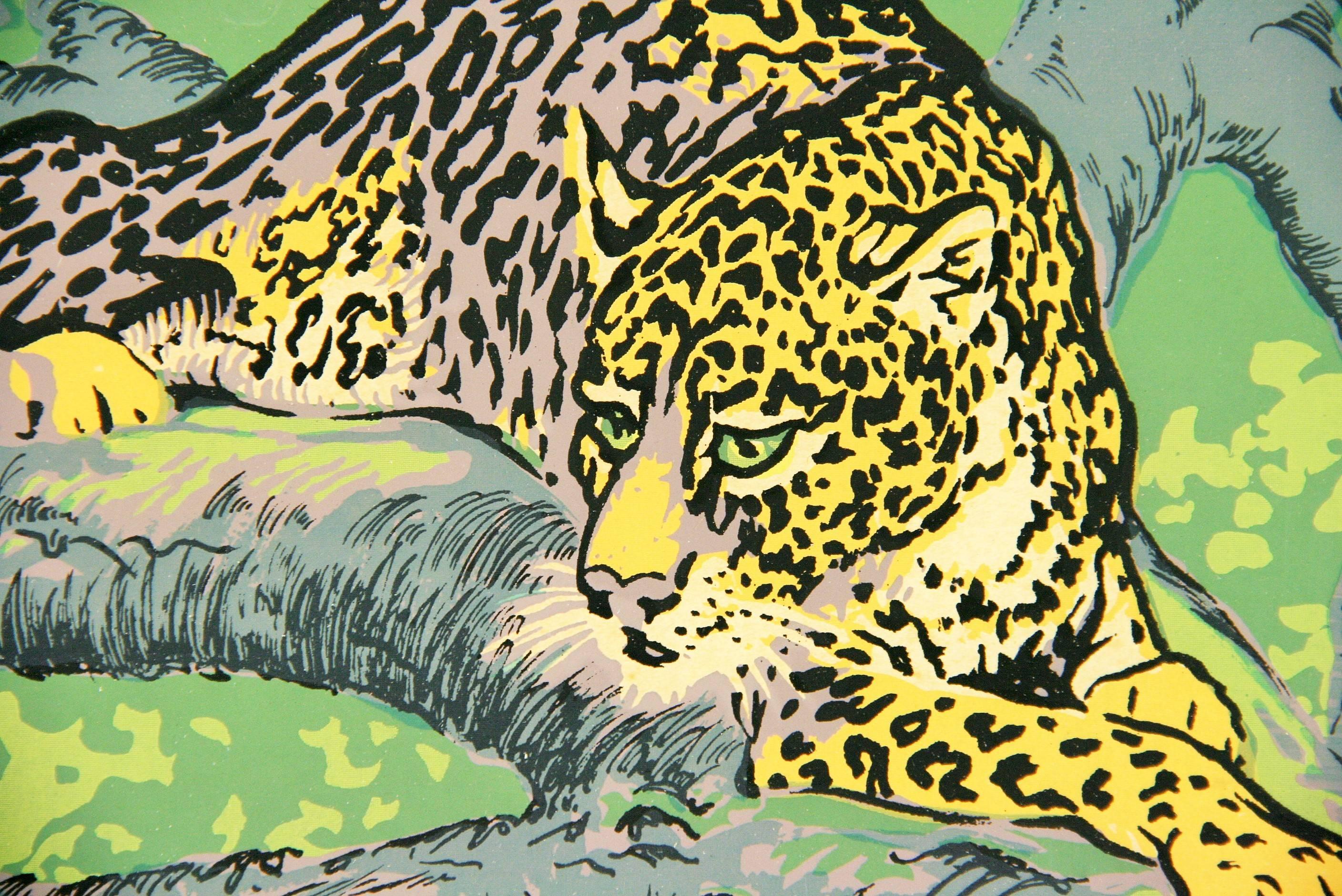 Peinture japonaise - Léopard dans le Jungle - Animaux - Noir Animal Painting par Unknown