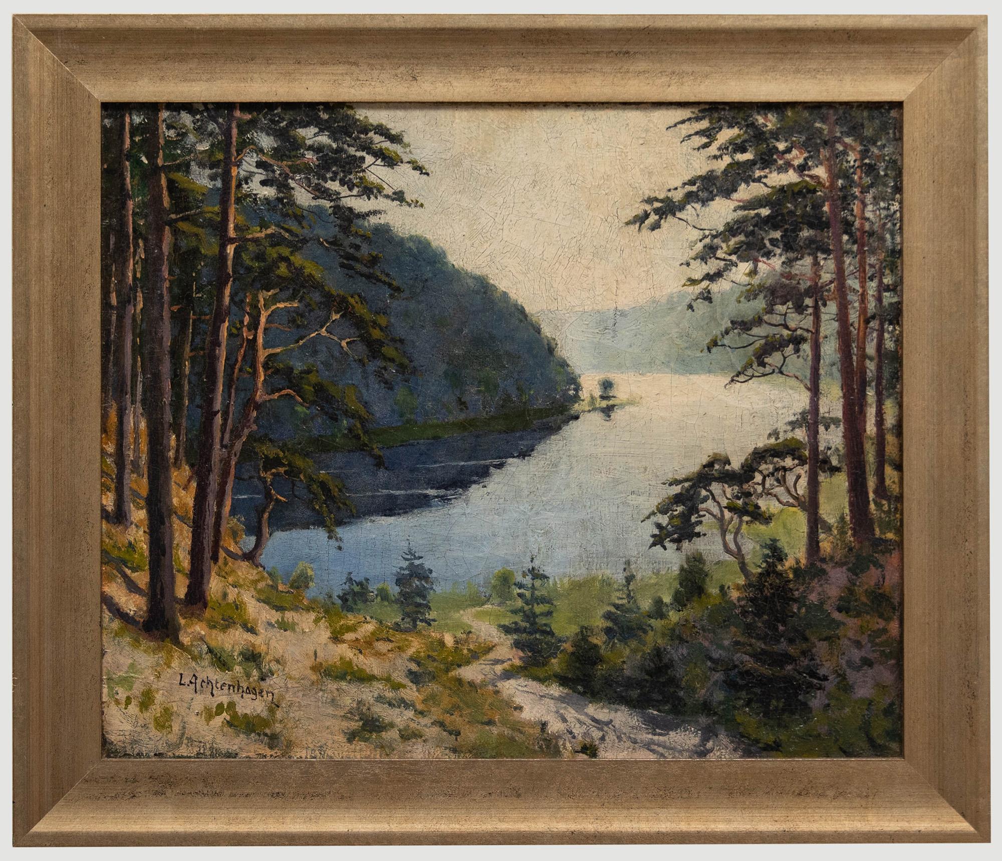 Unknown Landscape Painting - Leopold Achtenhagen (1881-1942) - Framed Early 20th Century Oil, View of a Lake