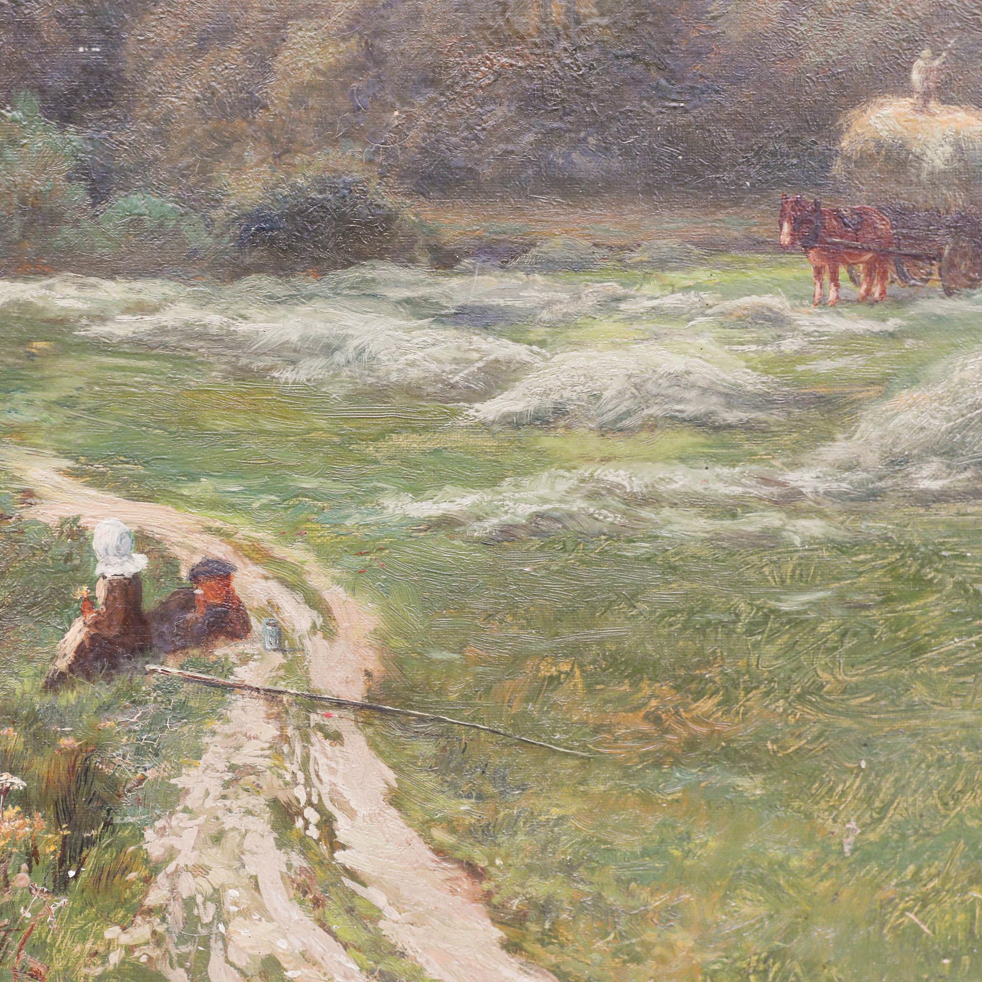 Un óleo maravillosamente delicado del reconocido artista Leopold Rivers (1852-1905). El artista ha representado el paisaje rural con delicados detalles, captando con maestría la serenidad de la escena. Firmado en la parte inferior derecha. Inscrita