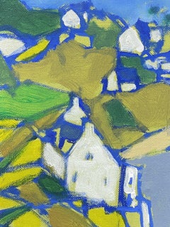 Leroy, French Contemporary Cubist Painting, Green Pink & Blues Landscape