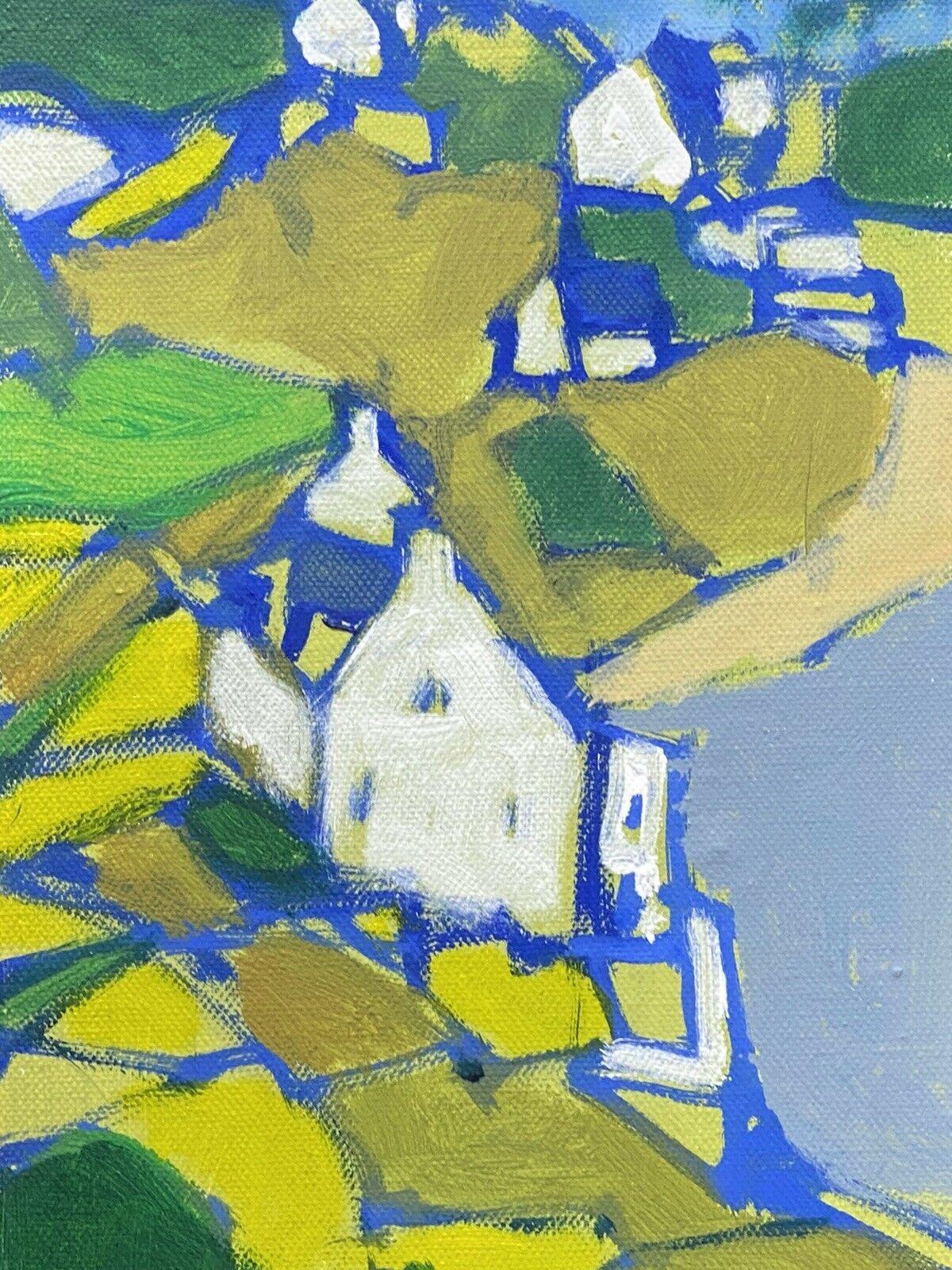 LeRoy, peinture cubiste contemporaine française, paysage vert, rose et bleu en vente 1