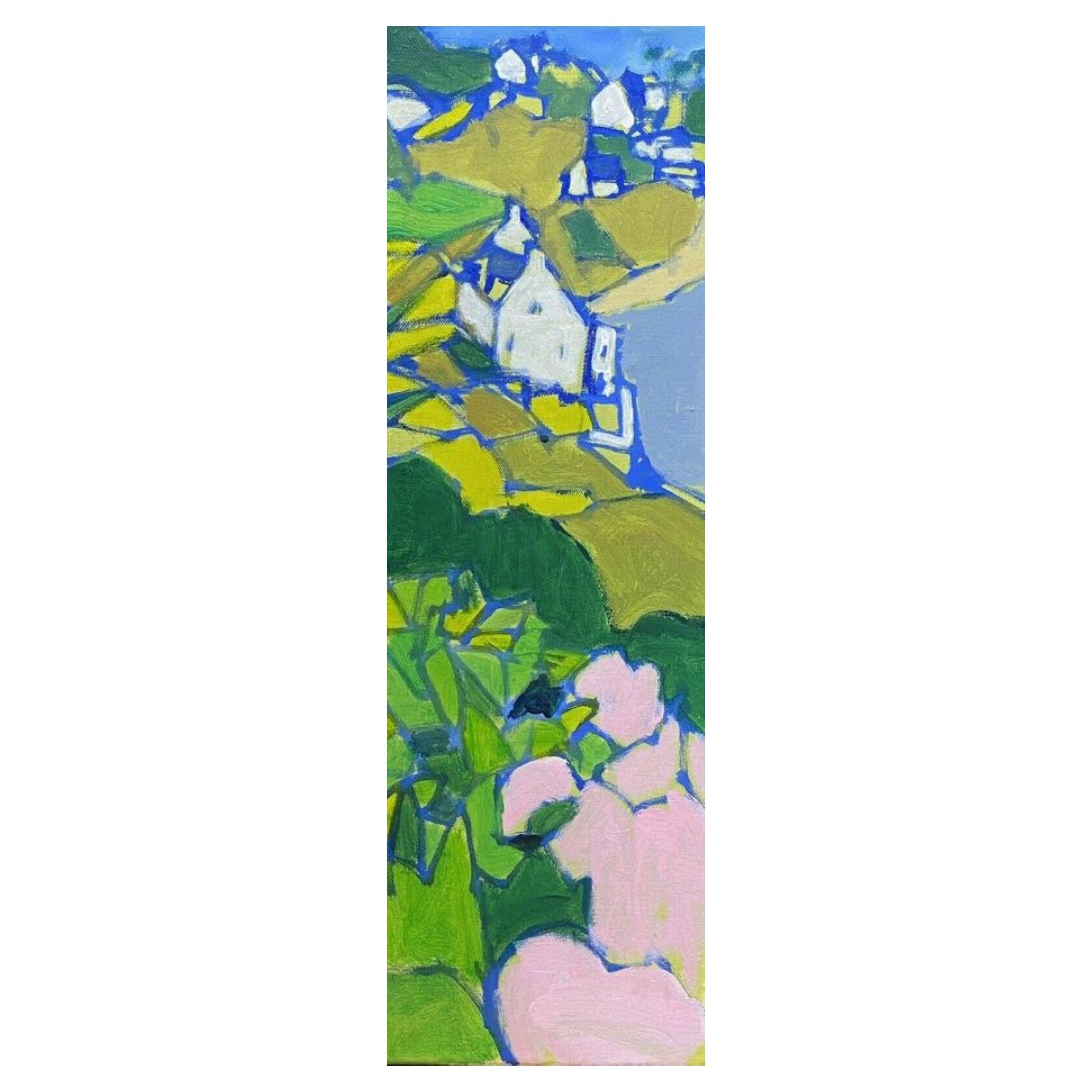 Landscape Painting Unknown - LeRoy, peinture cubiste contemporaine française, paysage vert, rose et bleu