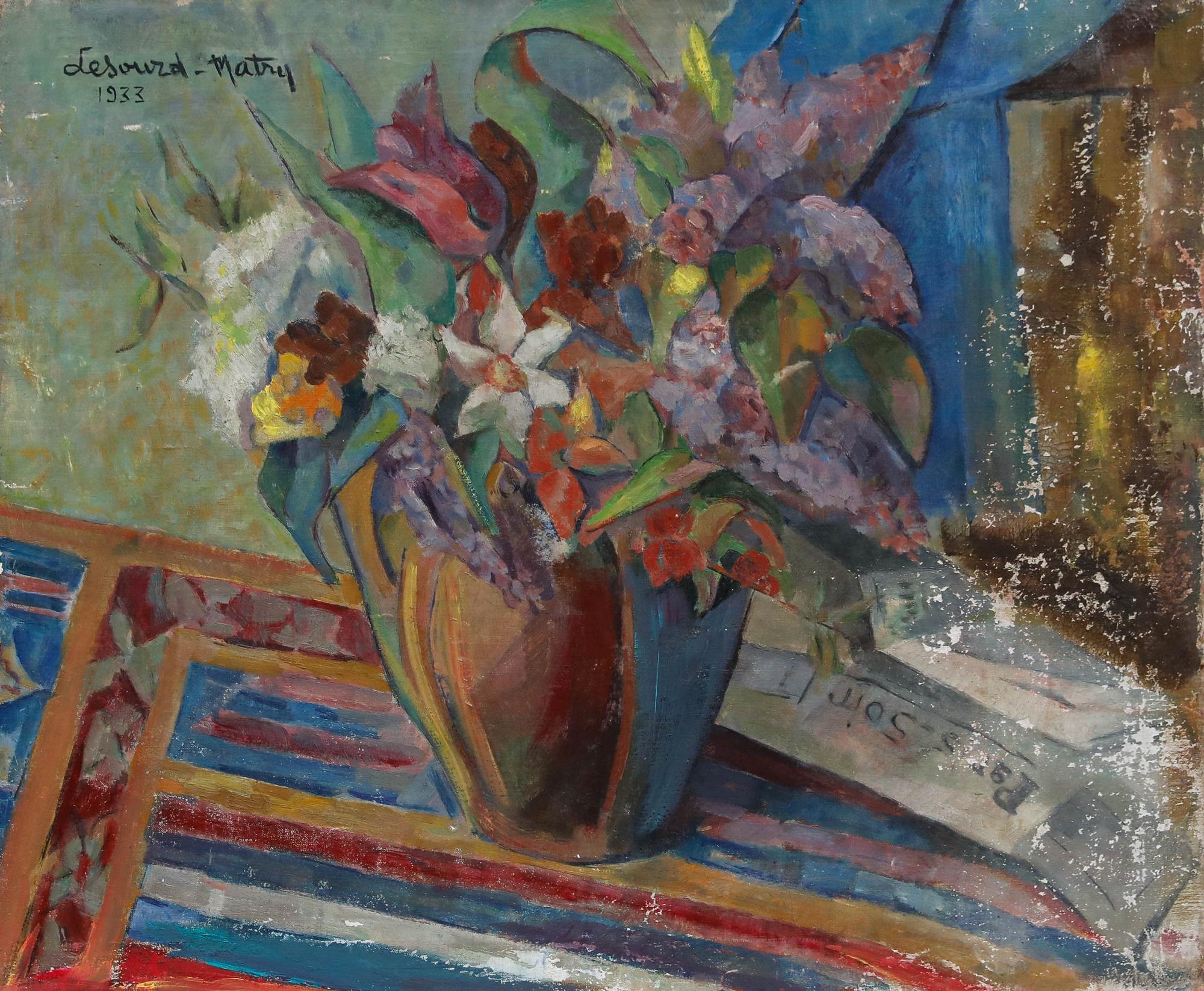 Lesourd-Matry - For Restoration 1933 Oil, Bouquet et Journal - Painting by Unknown