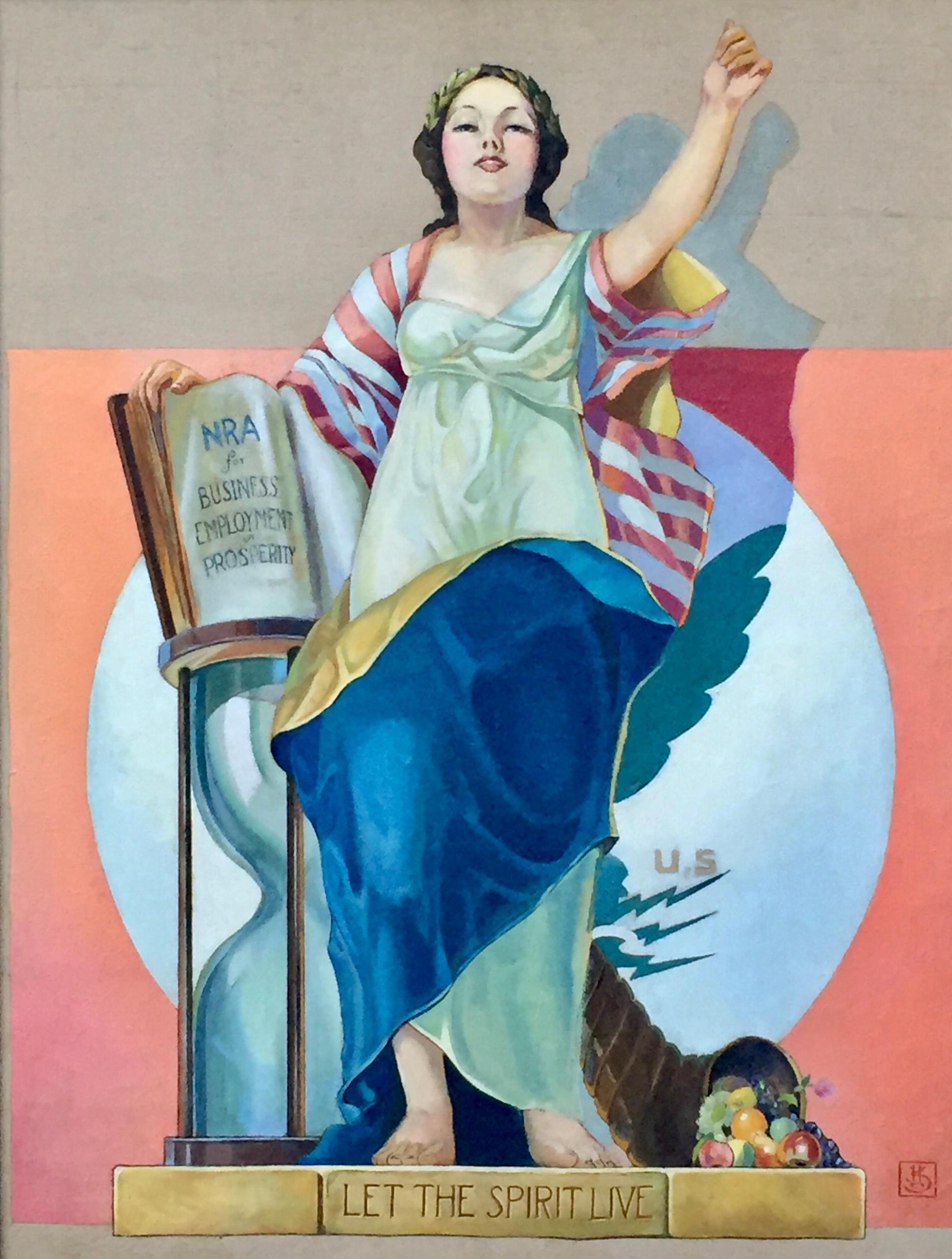 Unknown Portrait Painting - Let The Spirit Live, WPA Poster Design NRA Illustration Mural Modernist Woman