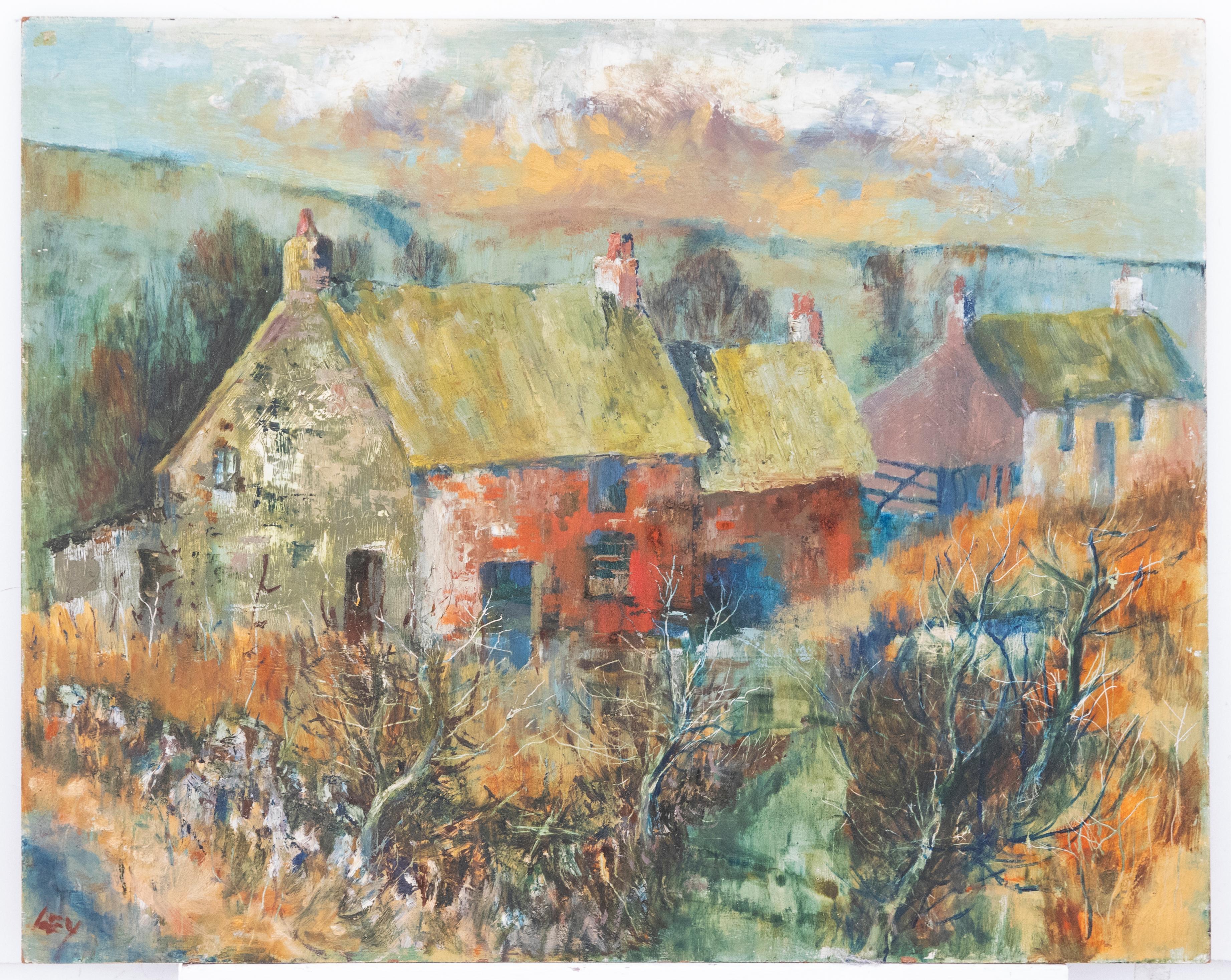 Ley - 20th Century Oil, Mountainside Cottages - Painting by Unknown