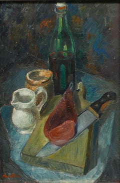 Libero Monetti (b.1912) - Italian School 1942 Oil, Still Life, Wine and Ham