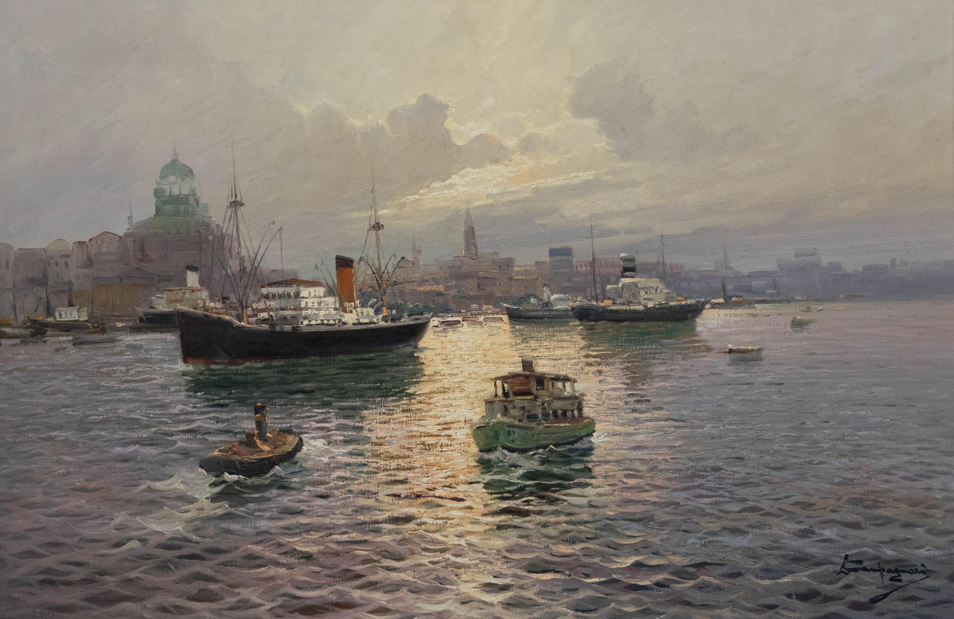Licinio Campagnari (1920-1981) - Großes Ölgemälde des 20. Jahrhunderts, Schiffe bei Sonnenuntergang – Painting von Unknown