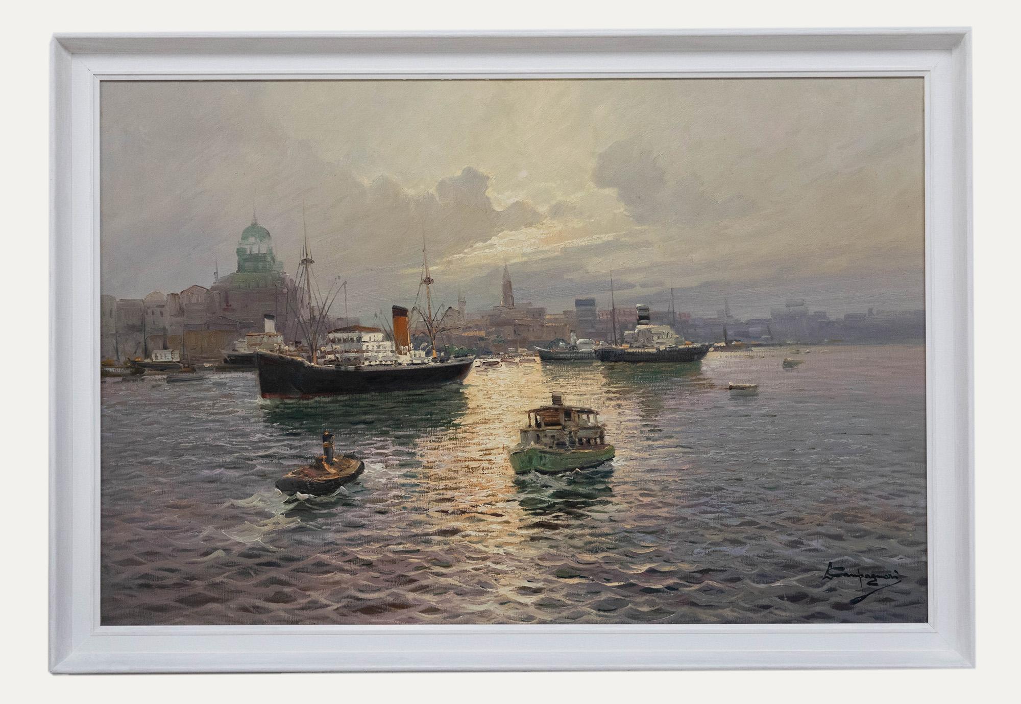 Licinio Campagnari (1920-1981) - Großes Ölgemälde des 20. Jahrhunderts, Schiffe bei Sonnenuntergang