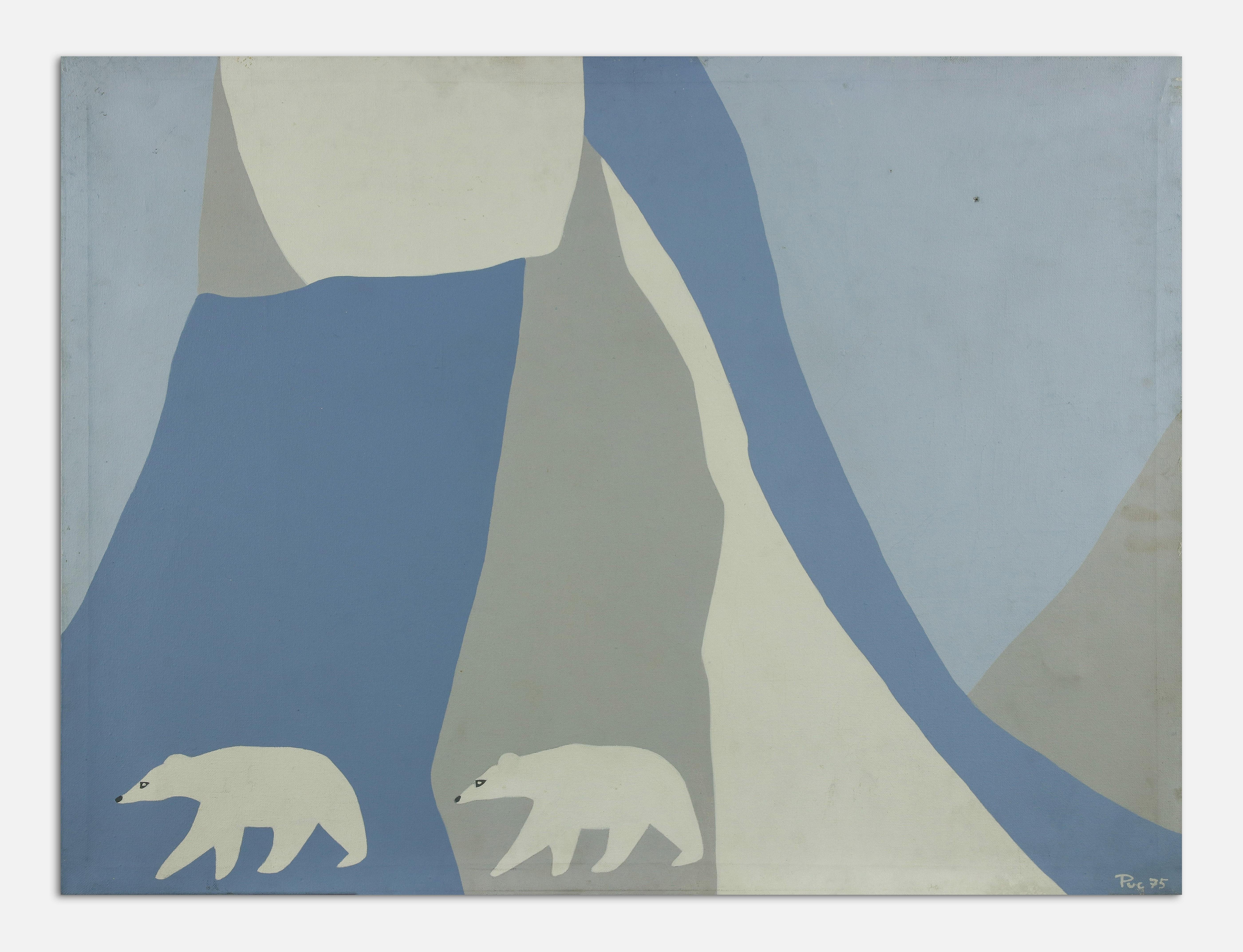 Abstract Painting Unknown - Surface bleu clair et blanc avec ours - Acrylique sur toile de G. Puccini - 1975