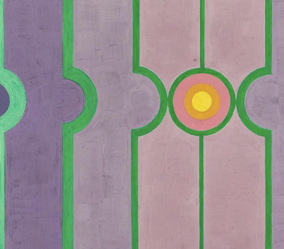 Fliederrecession, Abstraktes Acrylgemälde in Lila und Grün, 1976 im Angebot 1