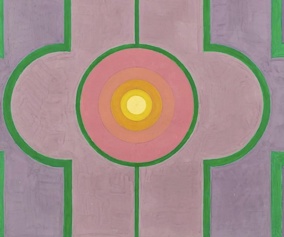 Fliederrecession, Abstraktes Acrylgemälde in Lila und Grün, 1976 im Angebot 2