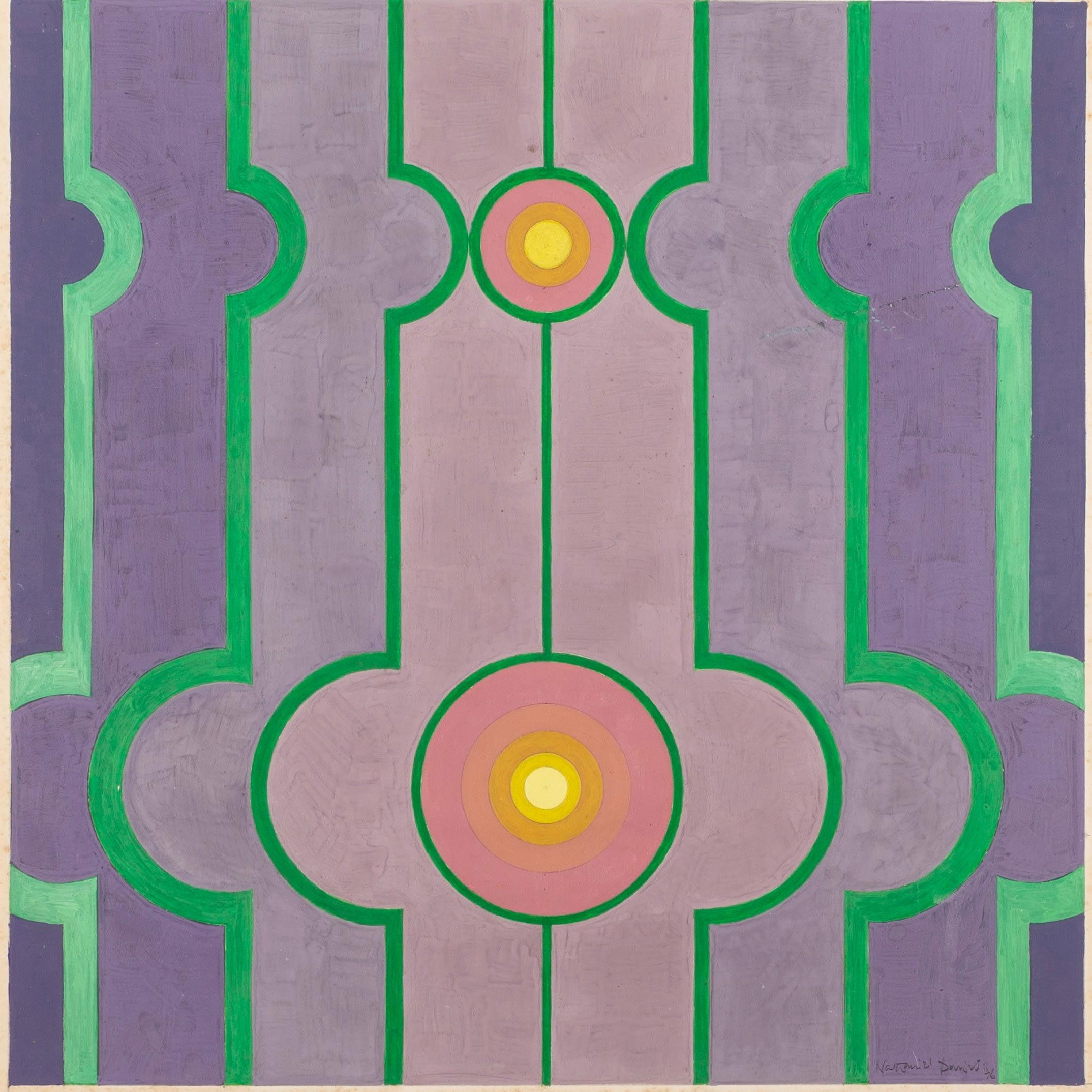 Fliederrecession, Abstraktes Acrylgemälde in Lila und Grün, 1976 – Painting von Thomas Nathaniel Davies