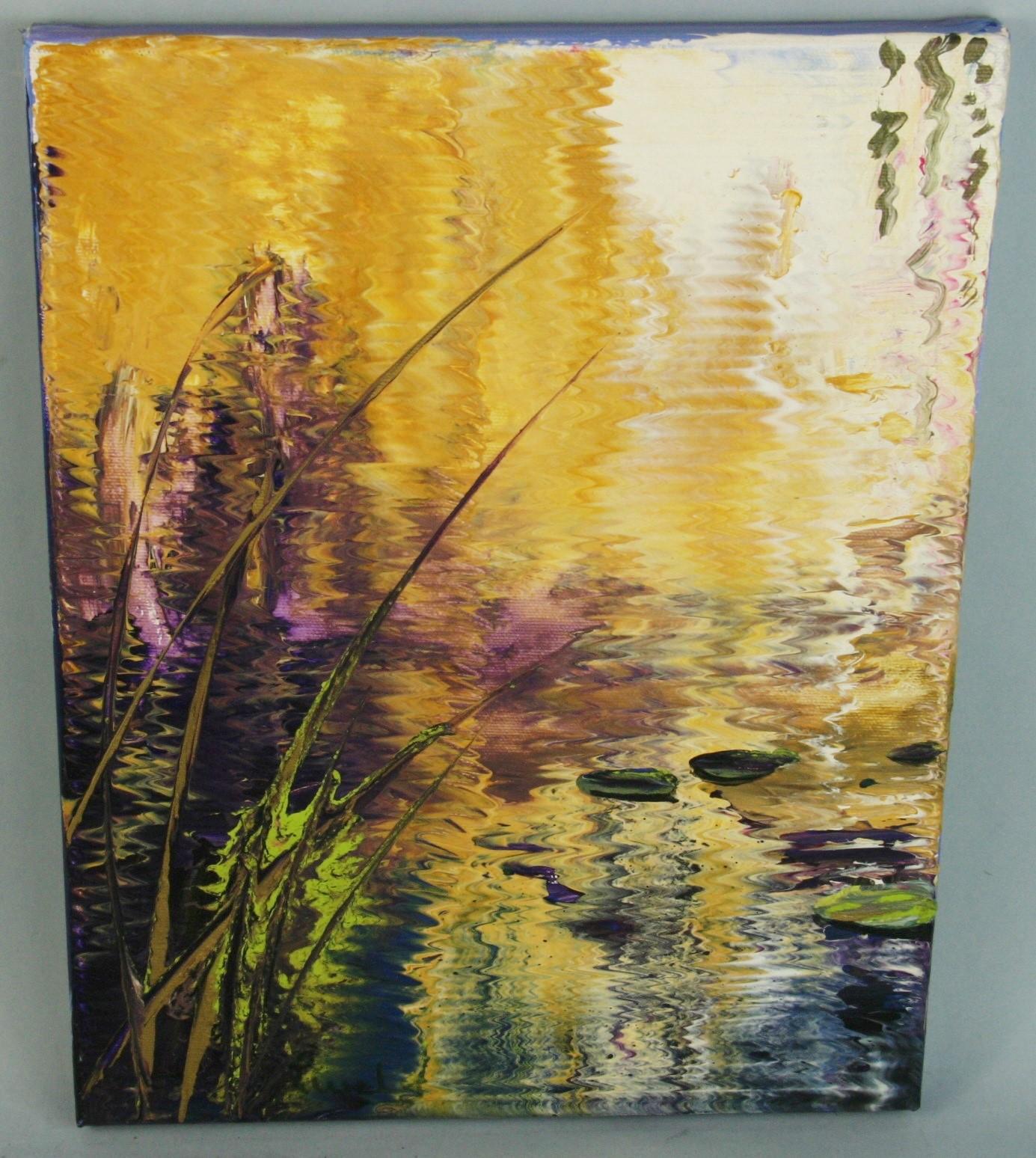Unknown Landscape Painting - Japanese Lilly Pond Abstract Landscape Oil Painting #1