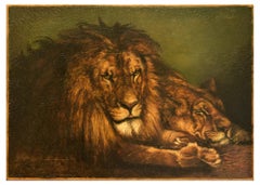 lion and lioness canvas Lion and Lioness - Original Oil on Canvas Early 20th Century