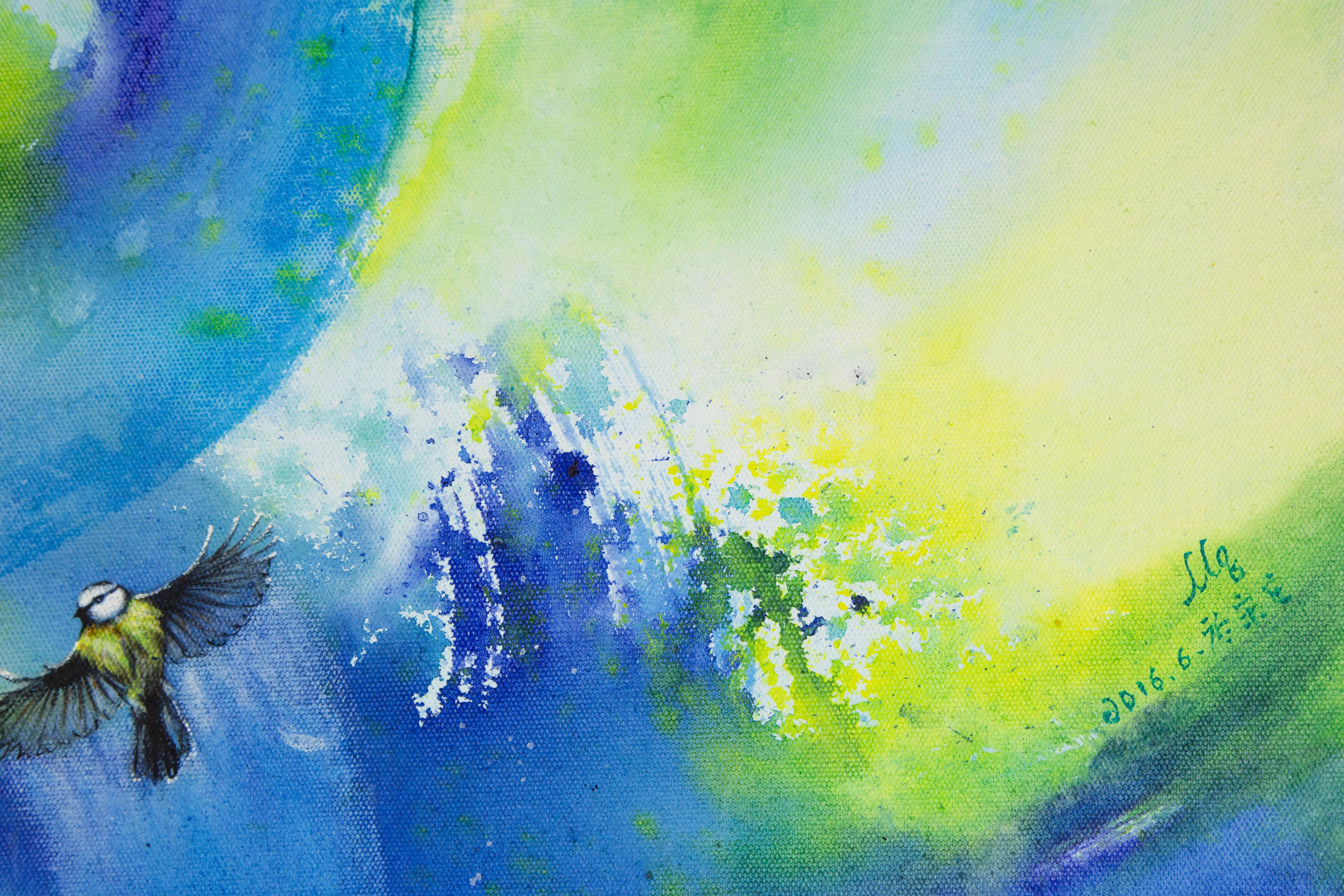 Liqiang Lu Tier Original Ölgemälde auf Leinwand „Little Bird“ (Blau), Abstract Painting, von Unknown