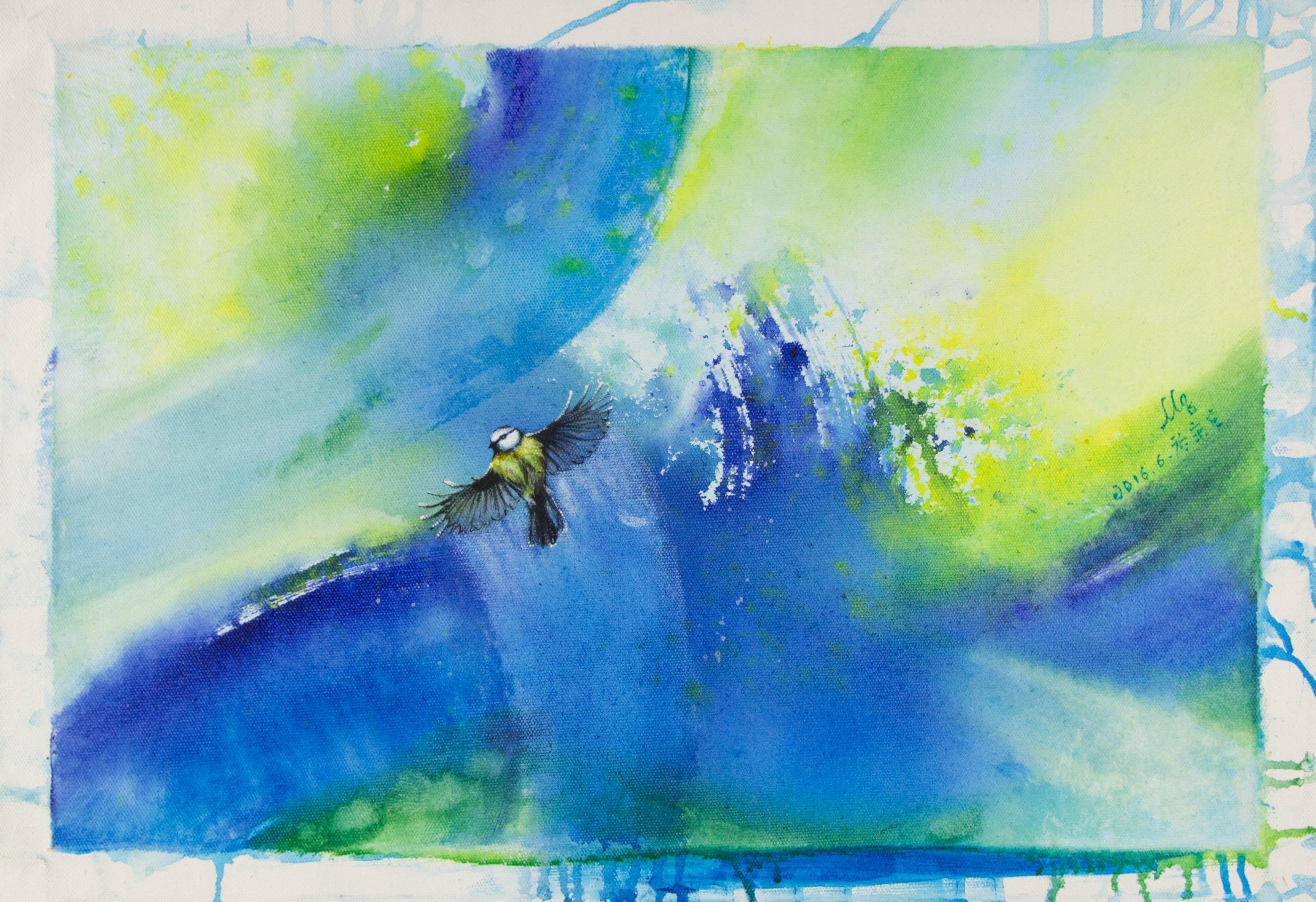 Liqiang Lu Tier Original Ölgemälde auf Leinwand „Little Bird“ im Angebot 3