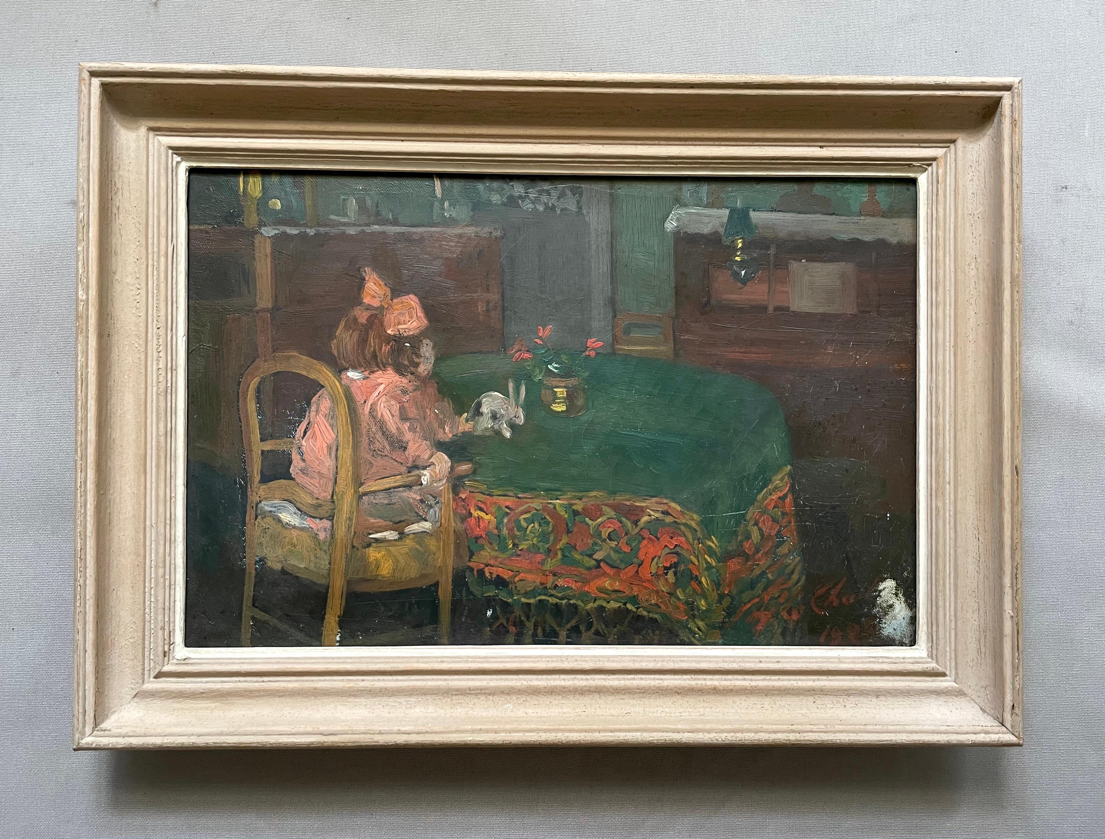 Kleines Mädchen in einem Interieur, Öl auf Leinwand, zu identifizierende Signatur – Painting von Unknown