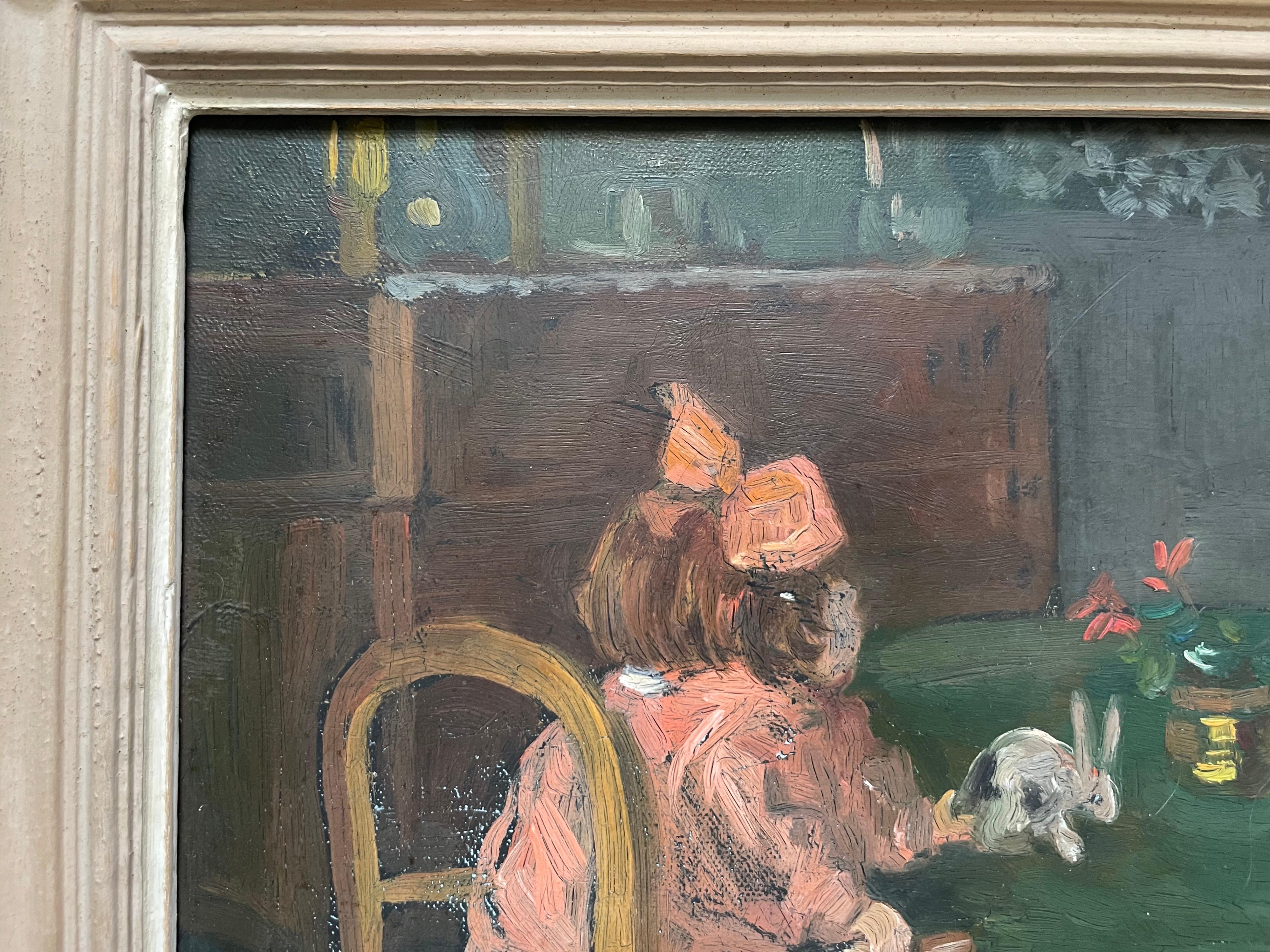 Kleines Mädchen in einem Interieur, Öl auf Leinwand, zu identifizierende Signatur (Grau), Interior Painting, von Unknown