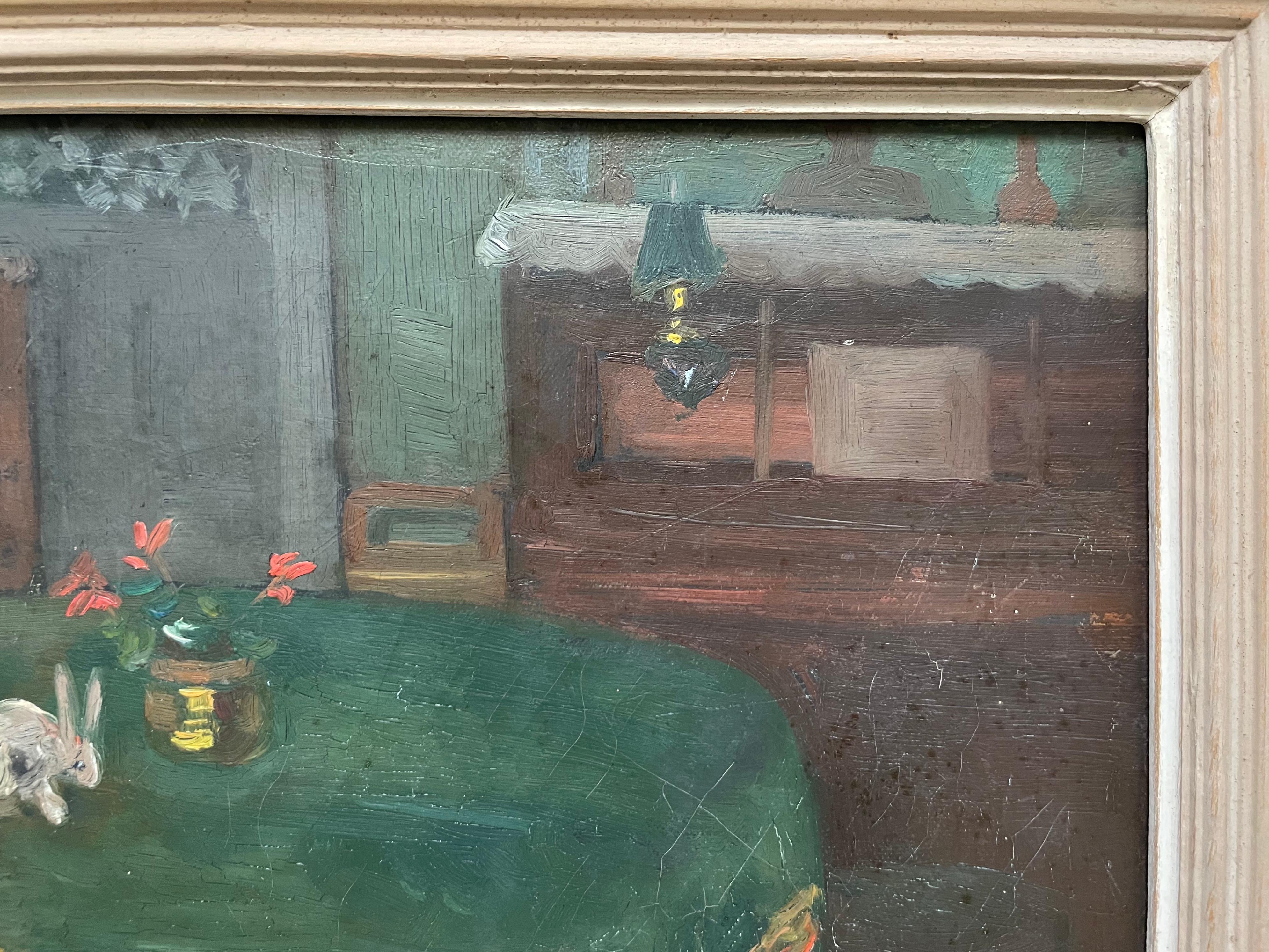 Kleines Mädchen in einem Interieur.  
Öl auf Leinwand, signiert und datiert 1926 unten rechts.  
Zu identifizierende Unterschrift.  
Kleine Risse, Abnutzung, fehlende Farbe unten rechts.  
Châssis: 27 x 41 cm  
Rahmen: 36 x 49 cm