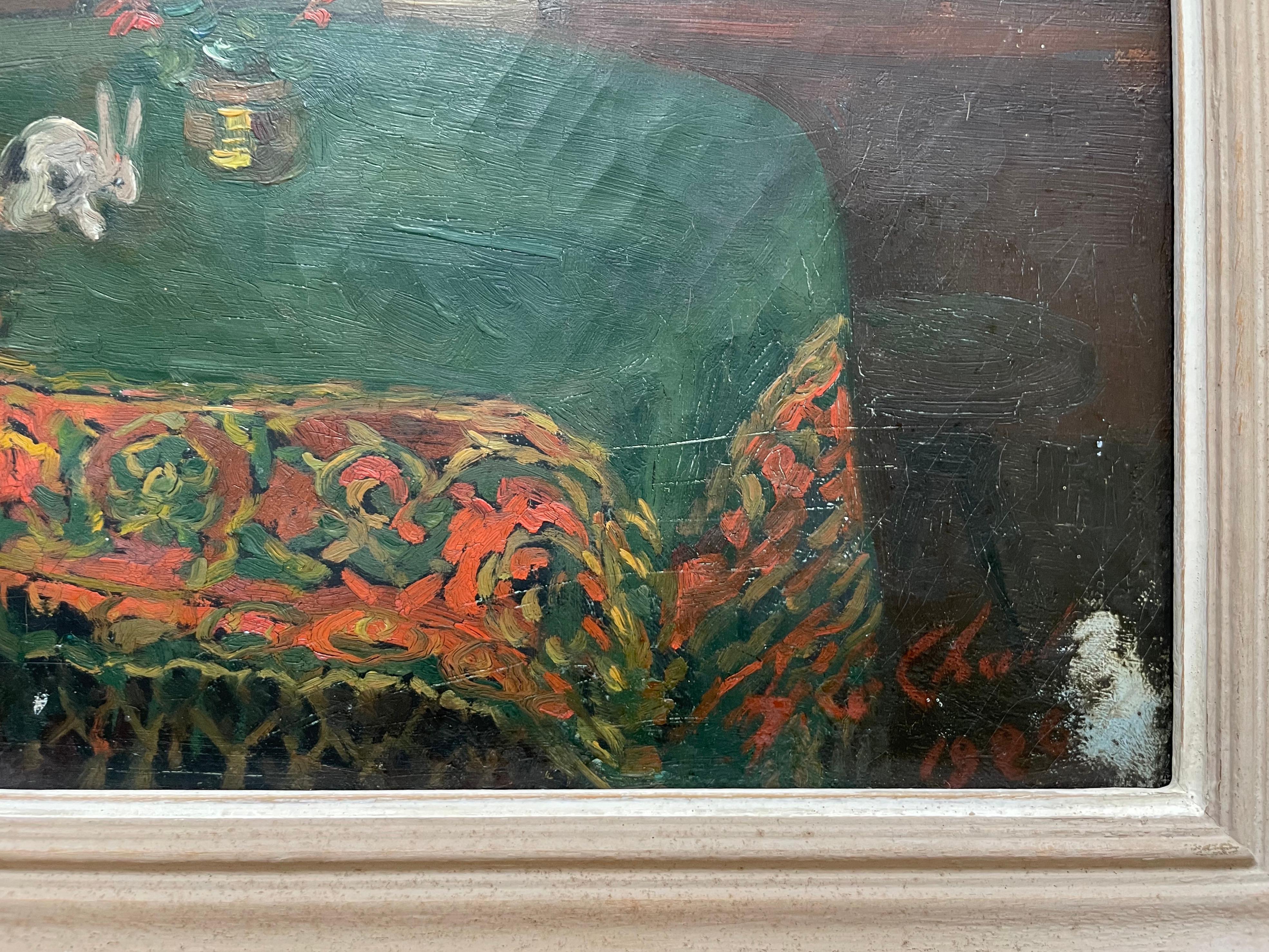Kleines Mädchen in einem Interieur, Öl auf Leinwand, zu identifizierende Signatur im Angebot 1