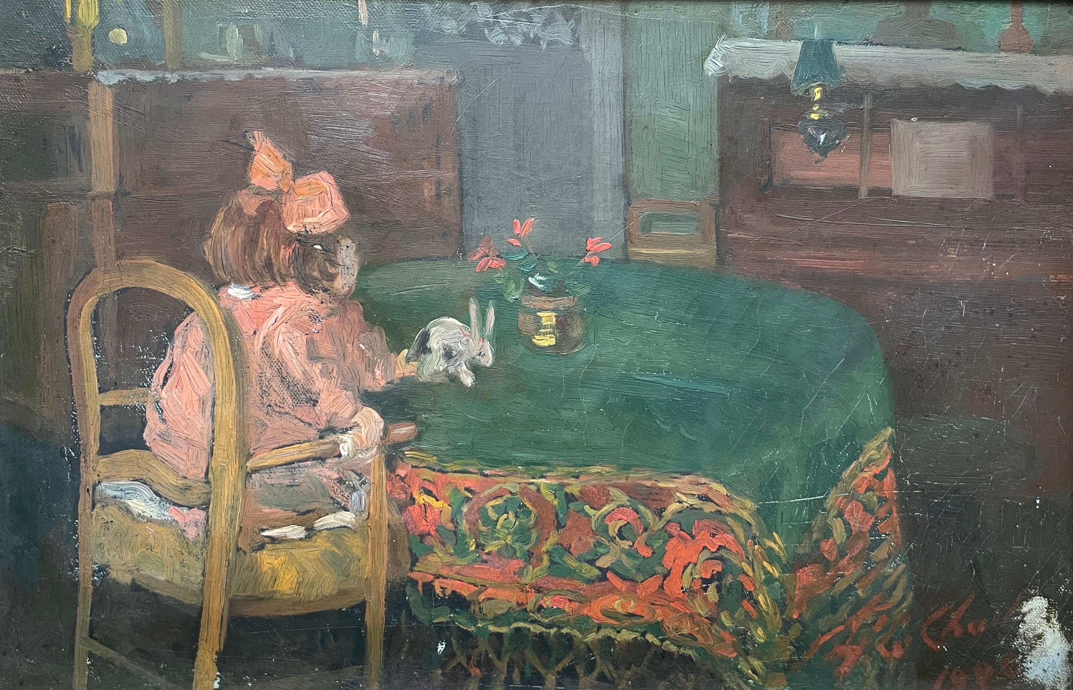 Unknown Interior Painting – Kleines Mädchen in einem Interieur, Öl auf Leinwand, zu identifizierende Signatur