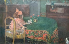 Kleines Mädchen in einem Interieur, Öl auf Leinwand, zu identifizierende Signatur
