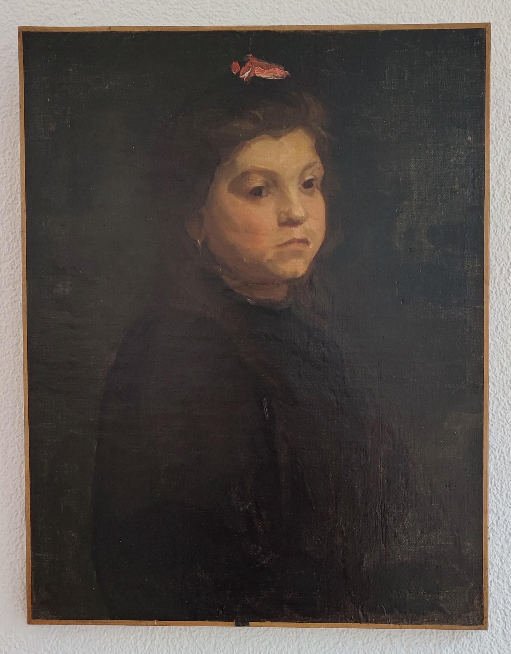 Petite fille avec un nœud rouge dans les cheveux - Painting de Unknown