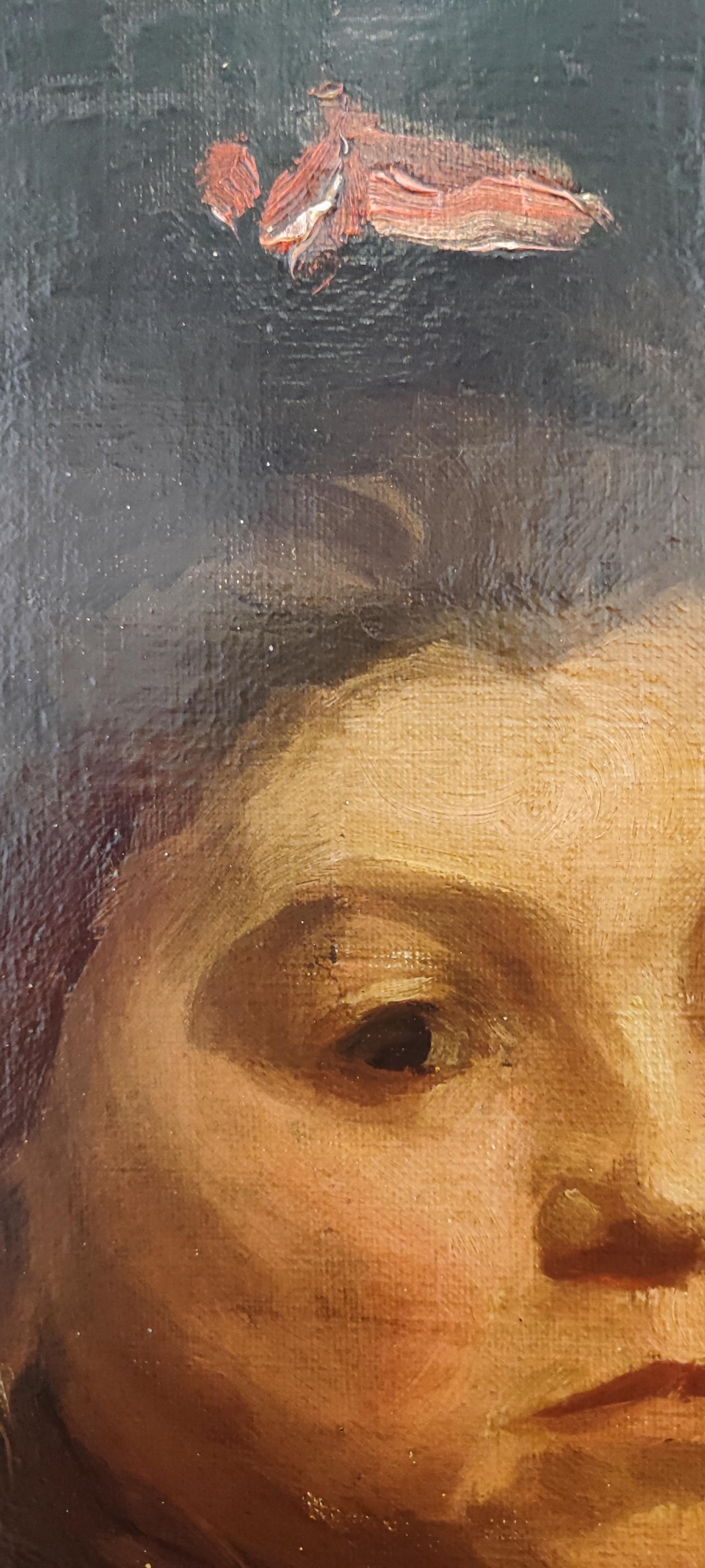 Petite fille avec un nœud rouge dans les cheveux - Noir Portrait Painting par Unknown
