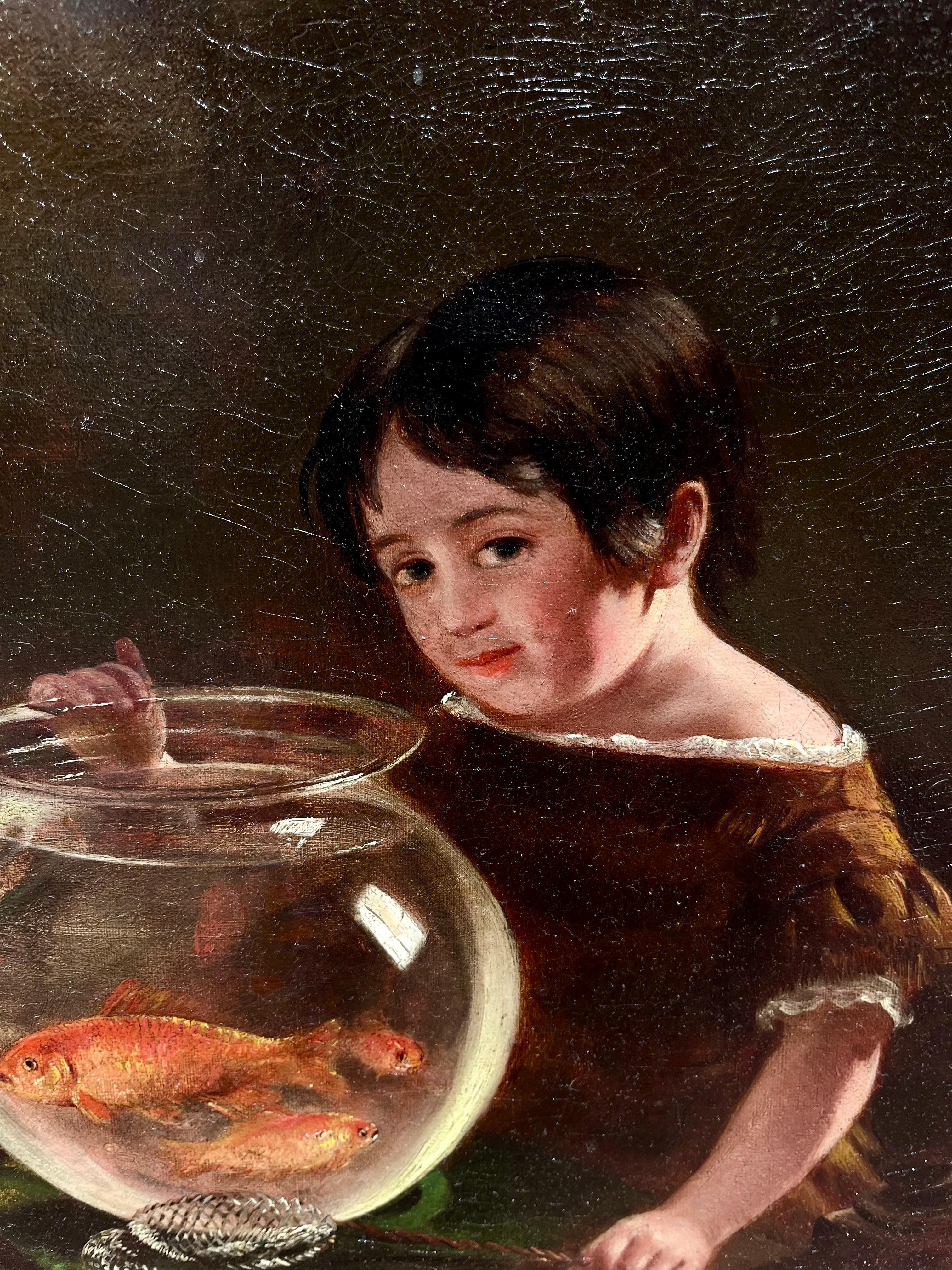 Bambina con la boccia di pesce - Painting di Unknown