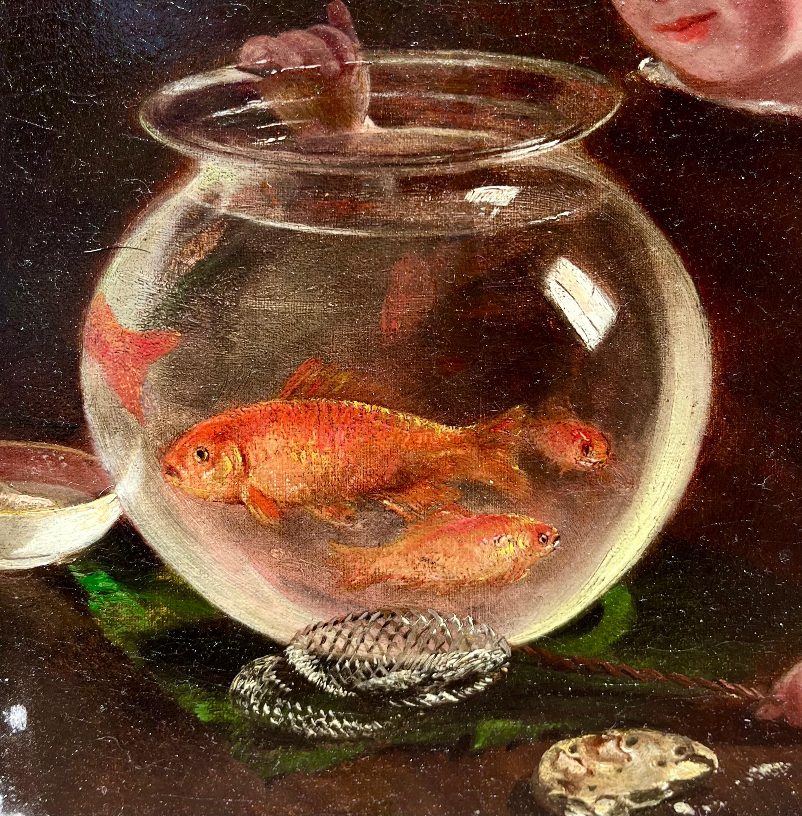 Bambina con la boccia di pesce - Portrait Painting Nero di Unknown
