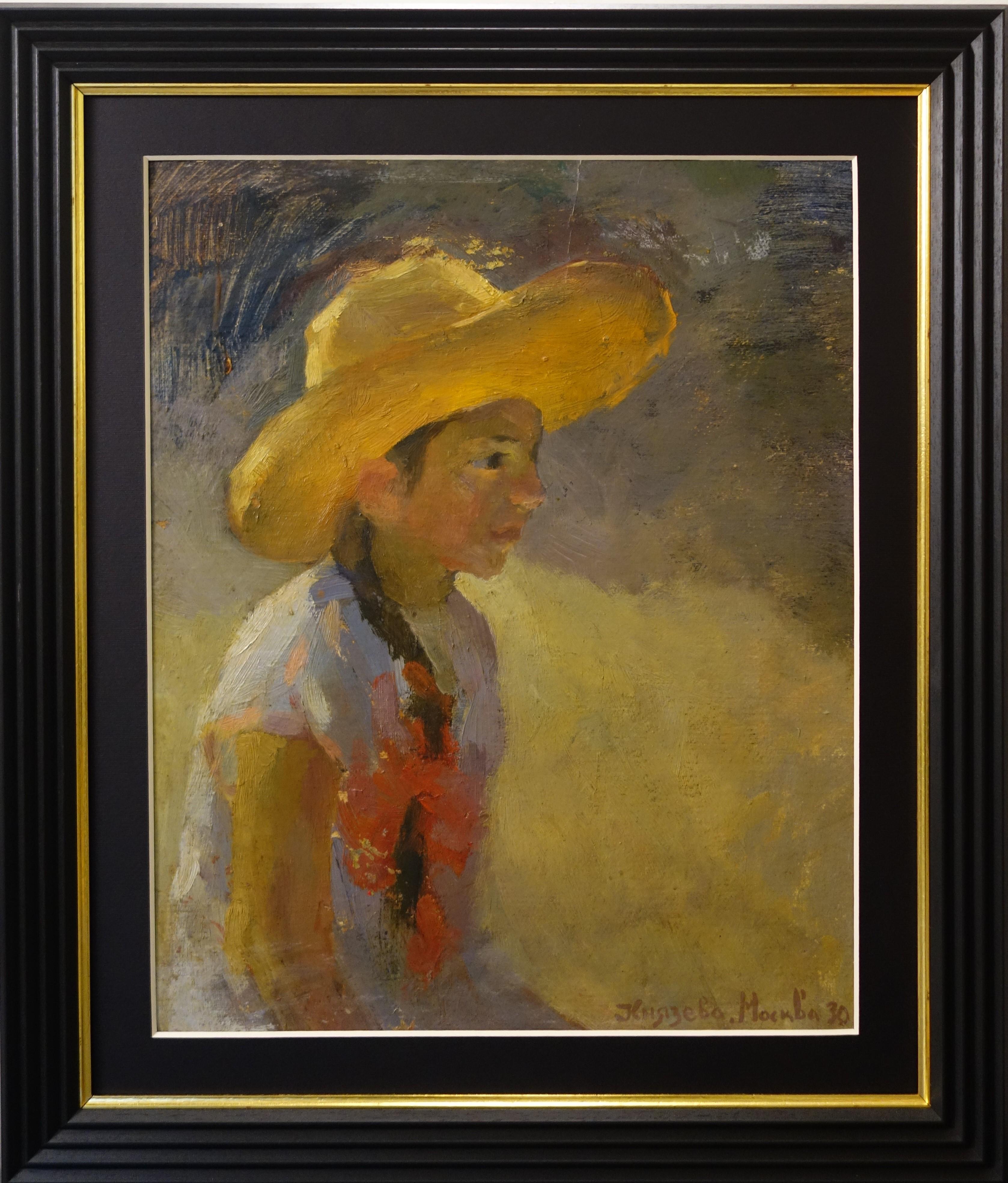 Unknown Portrait Painting - "Little girl with straw hat "  Child, Summer, Hat, 20th, impressionist, Russia  1930 