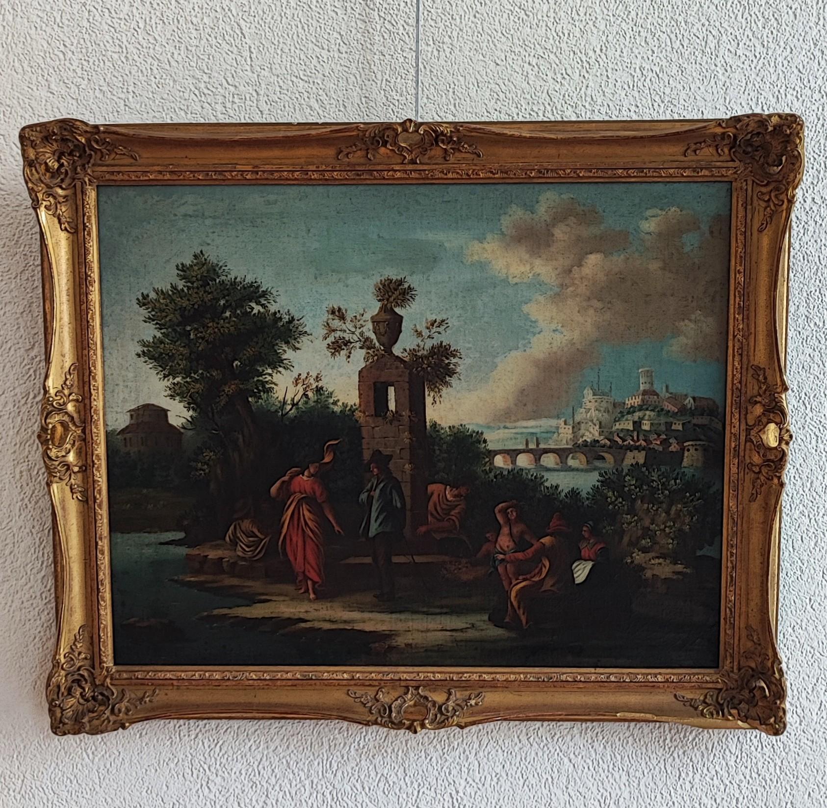 Paisaje animado a lo largo del Tíber, Italia - Painting de Unknown
