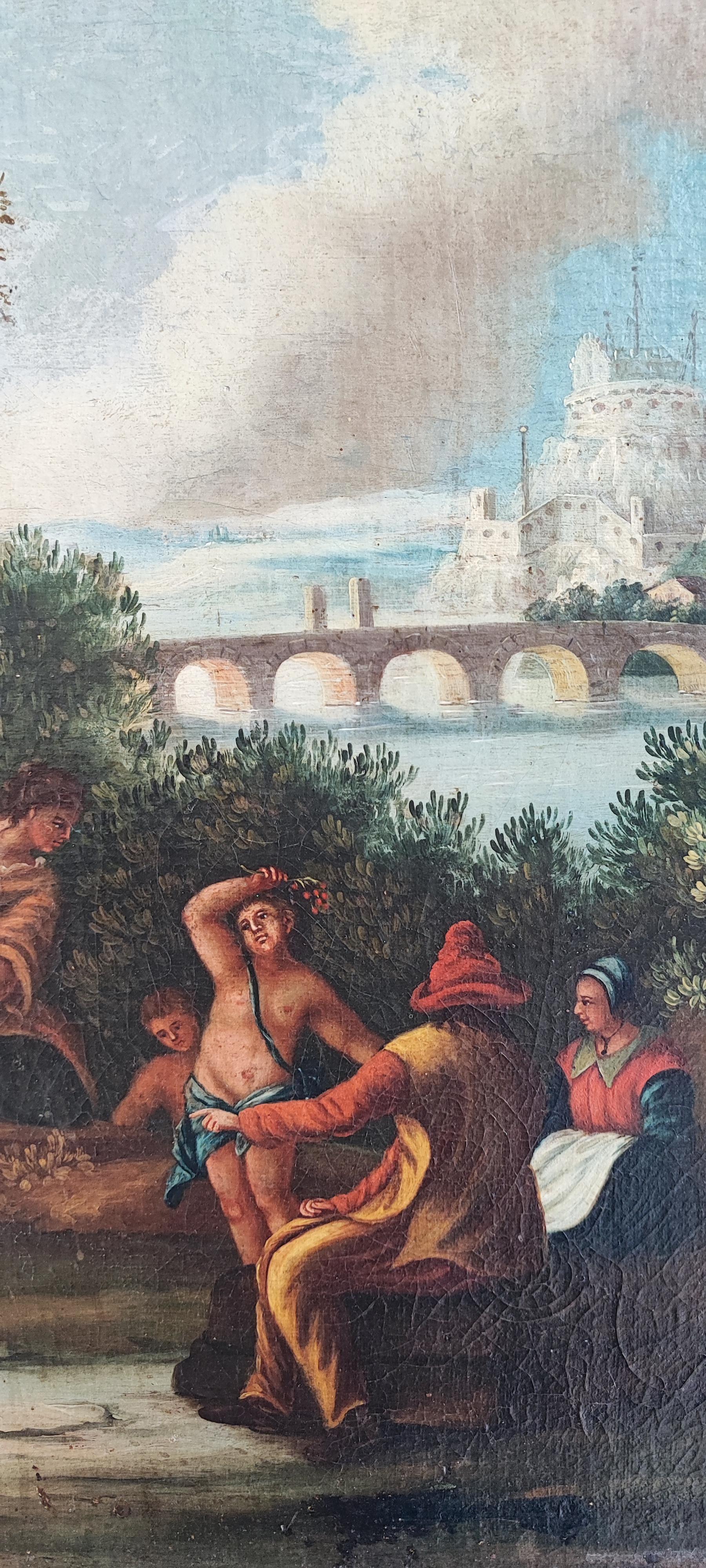 Paisaje animado a lo largo del Tíber, Italia - Figurative Painting Negro de Unknown