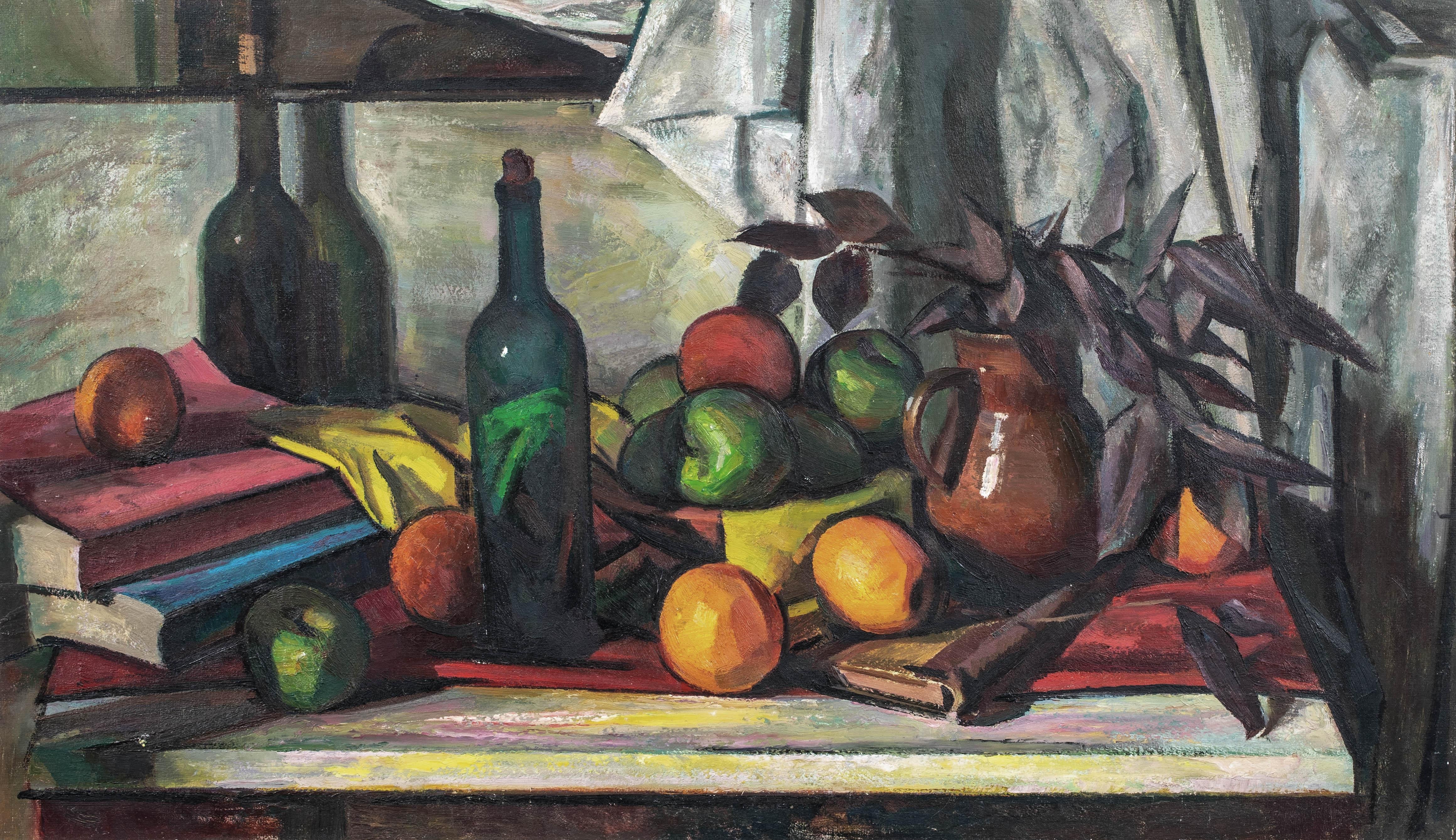 Unknown Still-Life Painting - "Livres, Boutielle Et Fruits", circa 1900  