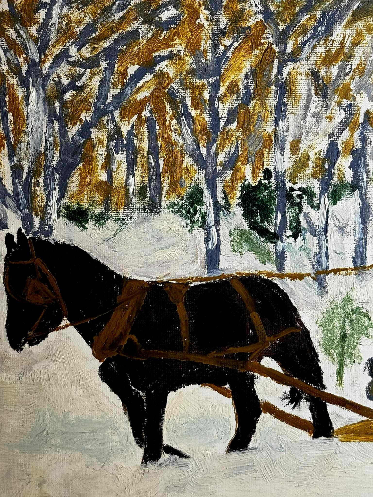 Peinture d'art populaire du Vermont représentant un homme et une femme en train de bûcheronner en hiver. Huile sur papier, signée et datée en bas à droite. Peint en 1953, à l'apogée du mouvement folklorique. 