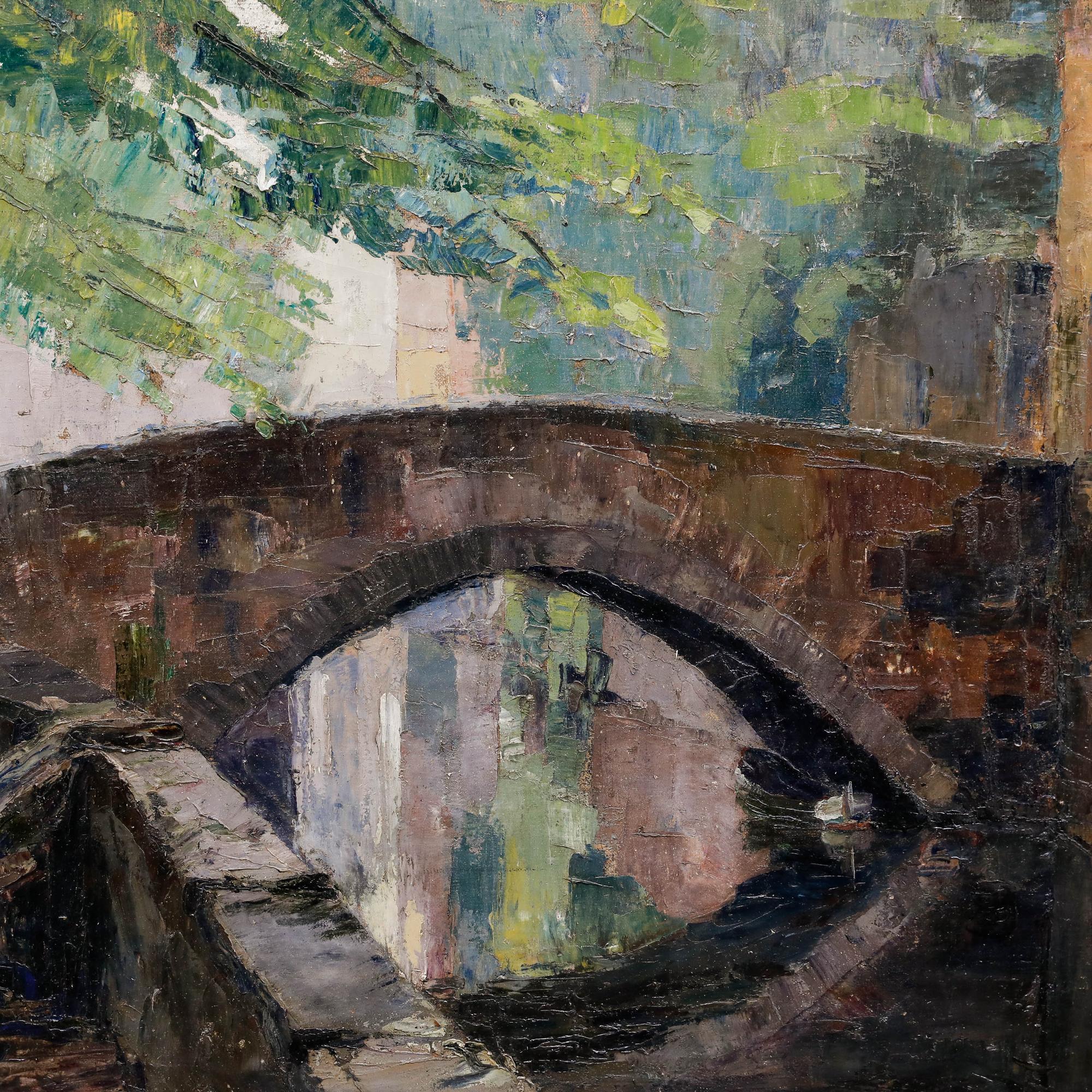 This impressionistic painting depicts a serene canal scene in Bruges featuring a stone arched bridge spanning calm waters that reflect the surrounding architecture and foliage. The composition is anchored by warm earth tones of terracotta and ochre