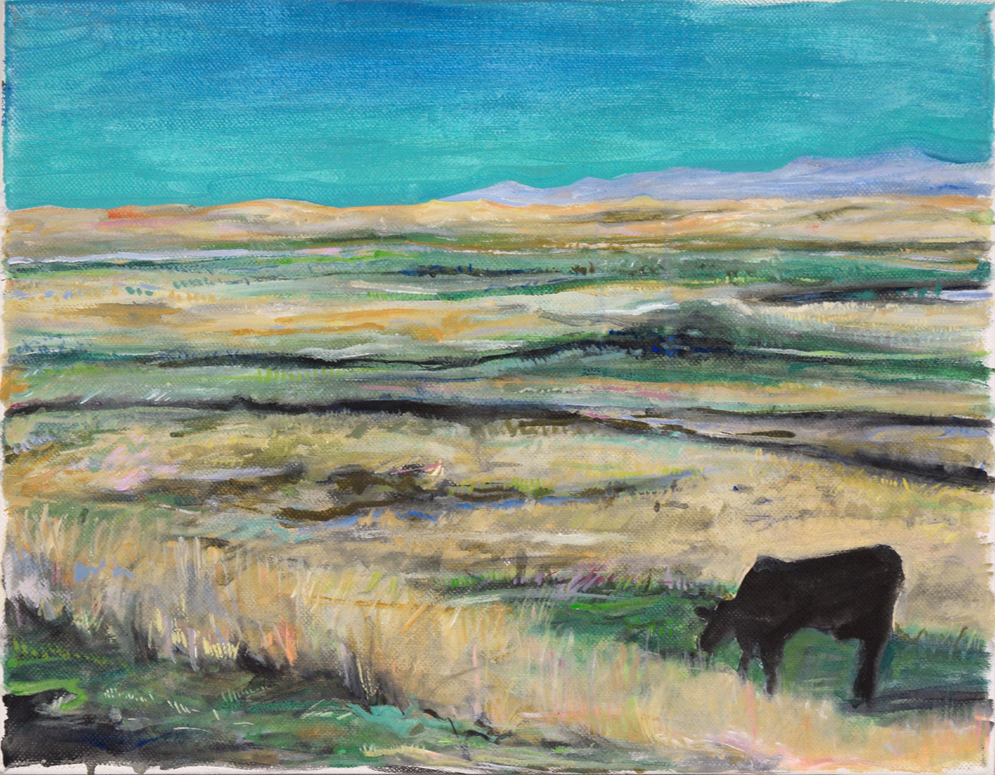 Landscape Painting de Unknown - Vaca solitaria en el prado - Paisaje