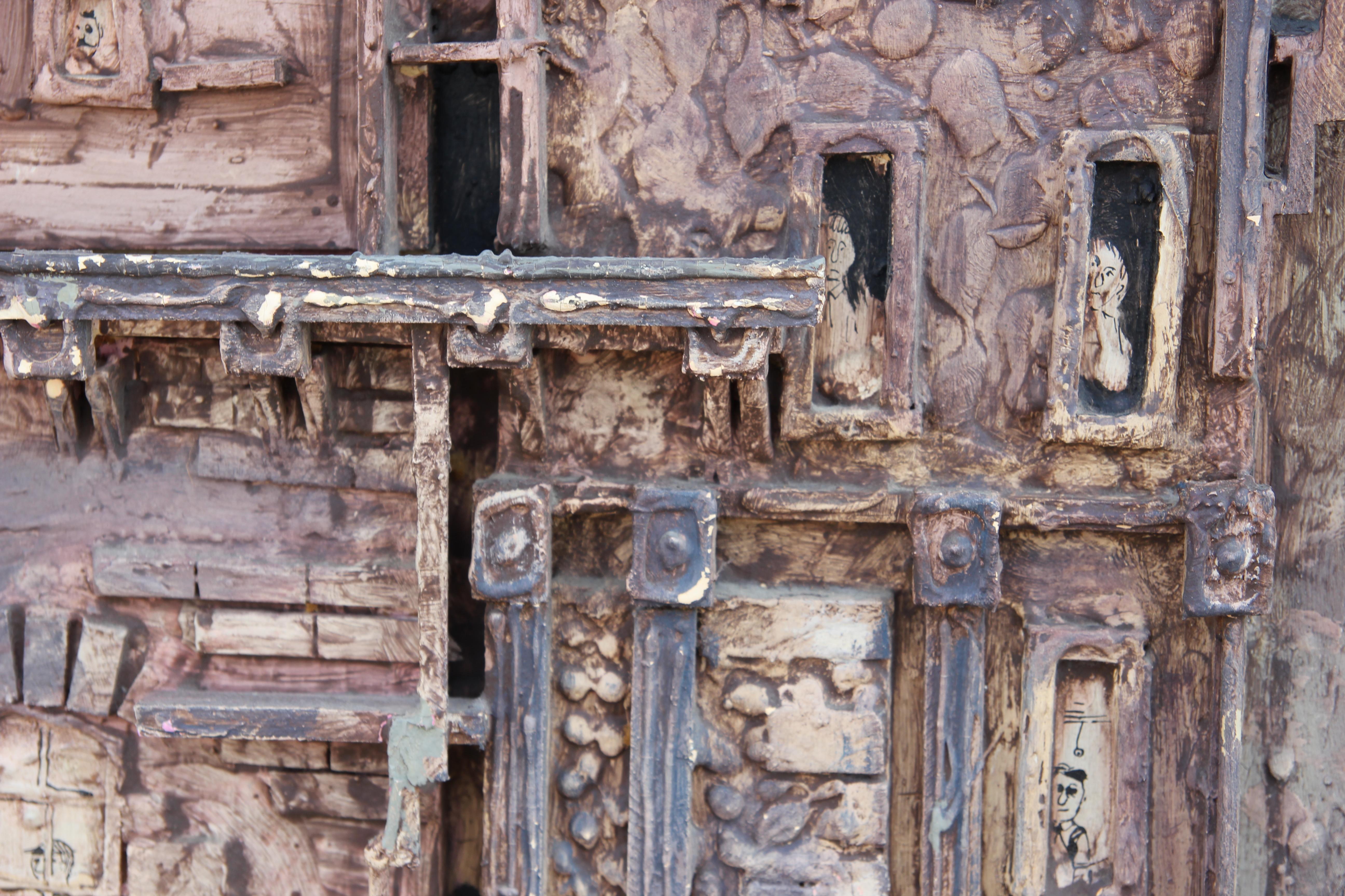 Long Horizontal Brown Toned Wooden Painted Wall Sculpture of a Town Landscape - Painting by Unknown